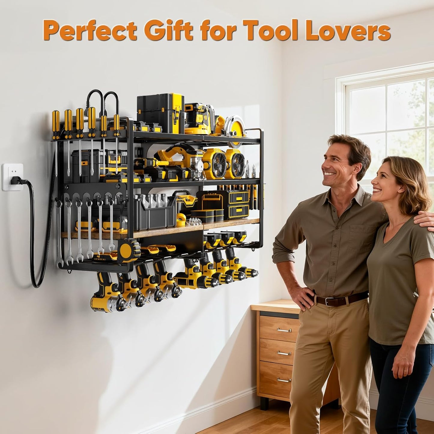 Large Power Tool Organizer with 8 Outlet Charging Station, Loads 600lbs, 4 Layer Heavy Duty Utility Rack Holds 8 Cordless Drills, Wall Mount Tool Battery Garage Storage Shelf, Gift for Men
