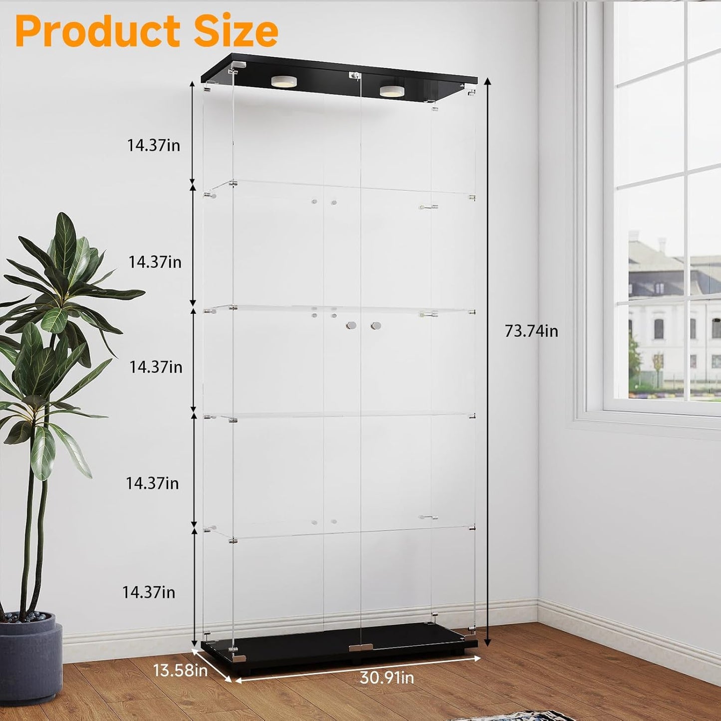 5-Tier Tempered Glass Display Cabinet with Lights, Curio Cabinet with Glass Doors and Lock, Glass Display Case for Collectibles, for Living Room Bedroom Office, Double Door, Black