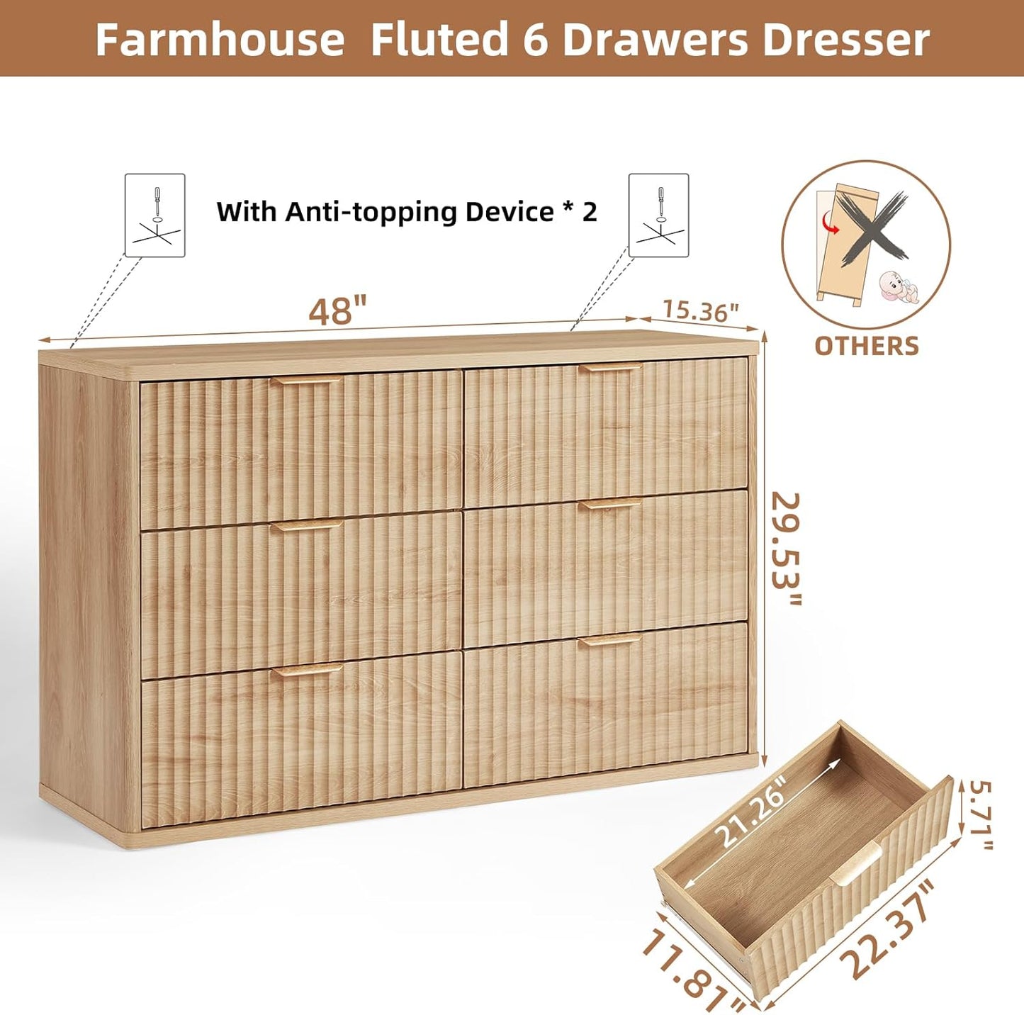 LEYAOYAO Fluted 6 Drawers Dresser, 48" Wide Modern Chest of Drawers with Wood Grain Top, Curved Profile Design, Dresser TV Stand, Wood Drawer Organizer for Bedroom, Living Room, Hallway,Natural