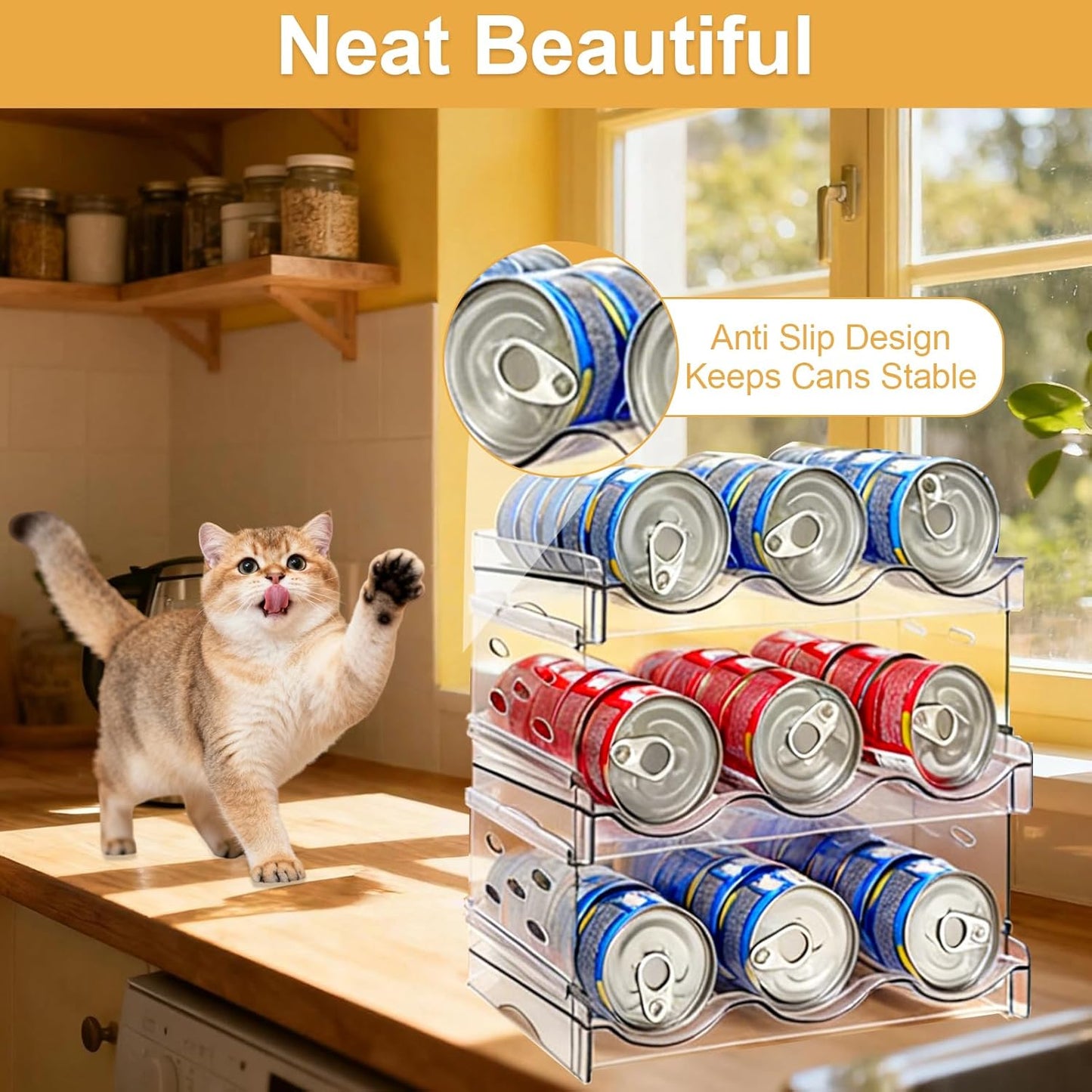 Cat Food Can Organizer,Can Organizer for Pantry,3-Layers Transparent Cat Food Storage Container Holds 54 (3.5oz) Cans,Canned Food Organizer and Storage for Countertop Kitchen Cabinet
