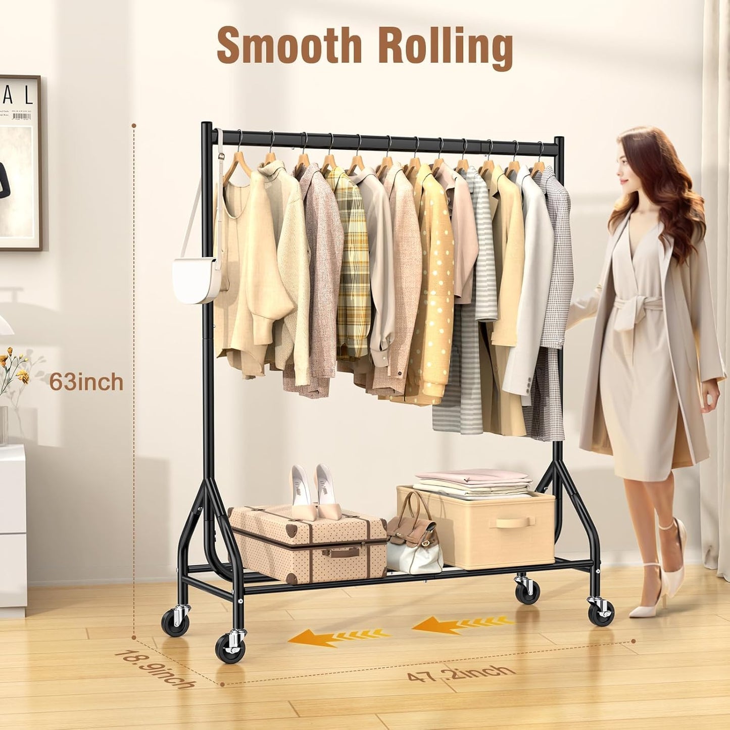 EAGMAK Heavy Duty Clothes Rack Load 420 LBS, 47.2" Long Rolling Garment Rack with Lockable Wheels, Standing Metal Clothing Hanger, Portable Wardrobe Sturdy Coat Organizer for Hanging Clothes (Black)