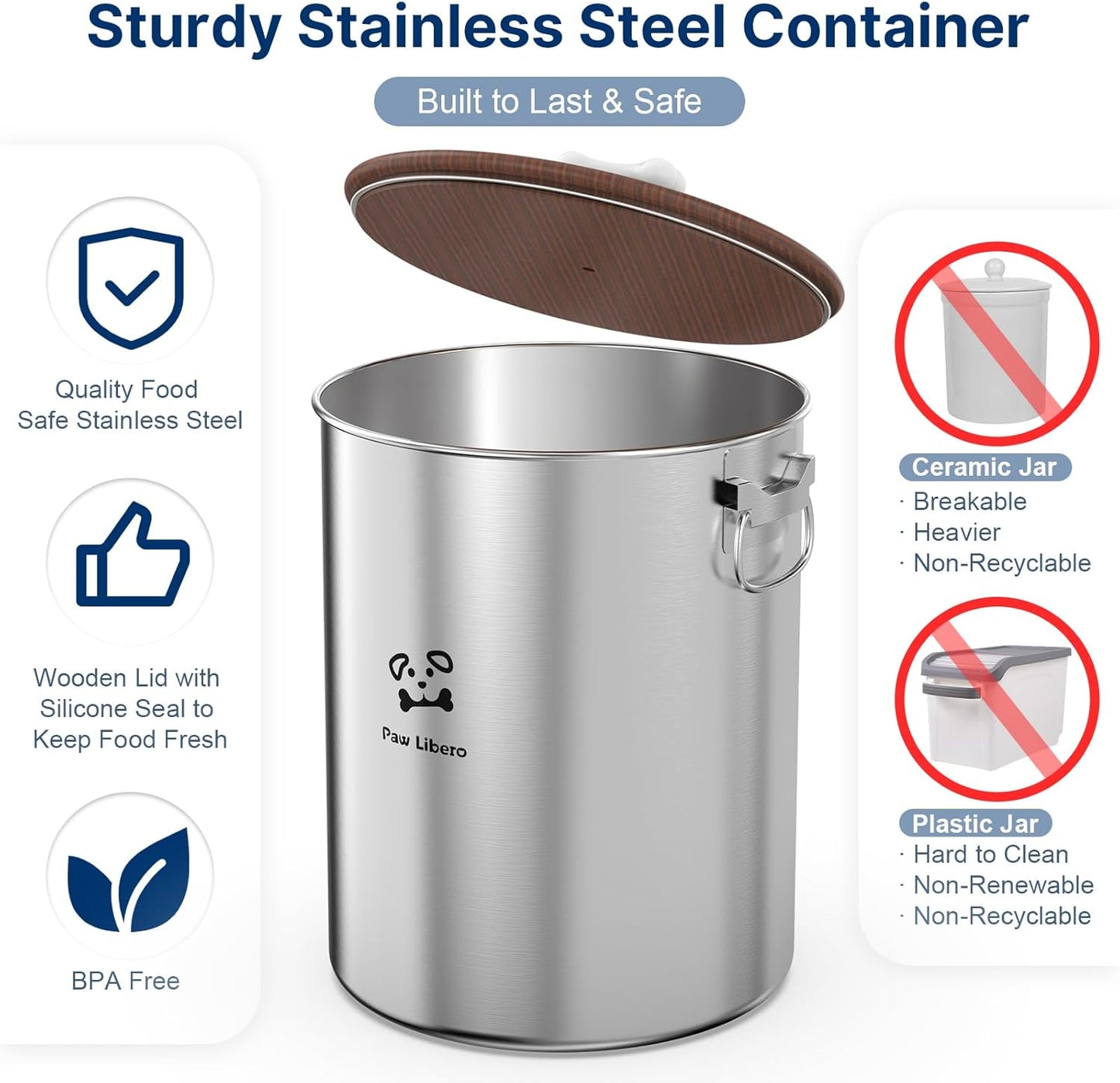 25 Lbs Stainless Steel Dog Food Storage Container with Airtight Wooden Lid & Ceramic Bone Handle, Large Metal Dog Food Bin for Dogs & Cats, Keep Fresh, Easy to Clean