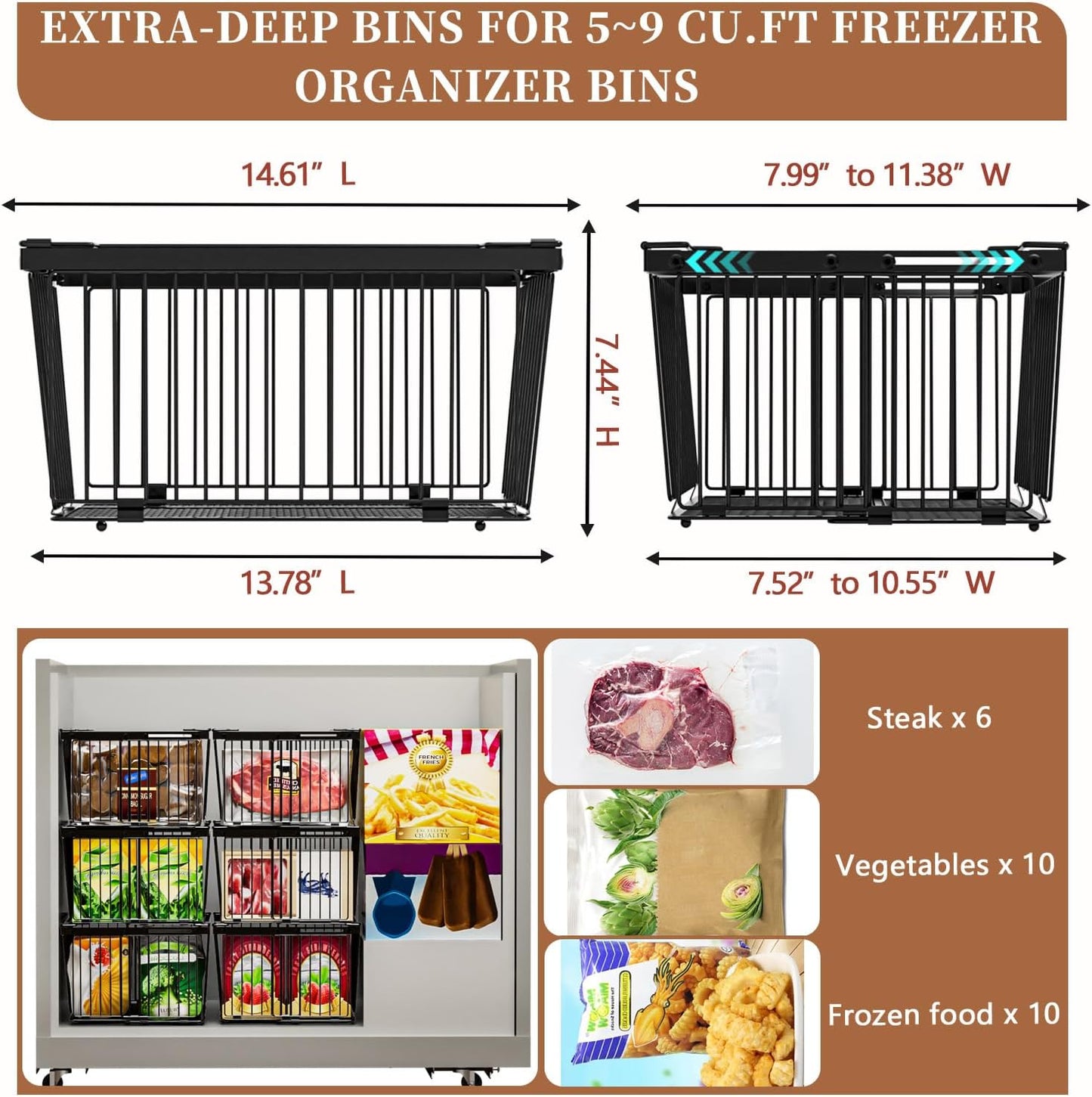 Large Freezer Organizer Bins，Upgraded Bottom Leak-Proof net，Fit 5 to 9 Cu Ft Chest Freezer，4 Pack， Expandable Stackable Chest Freezer Containers with Handle (Black--4Pack)