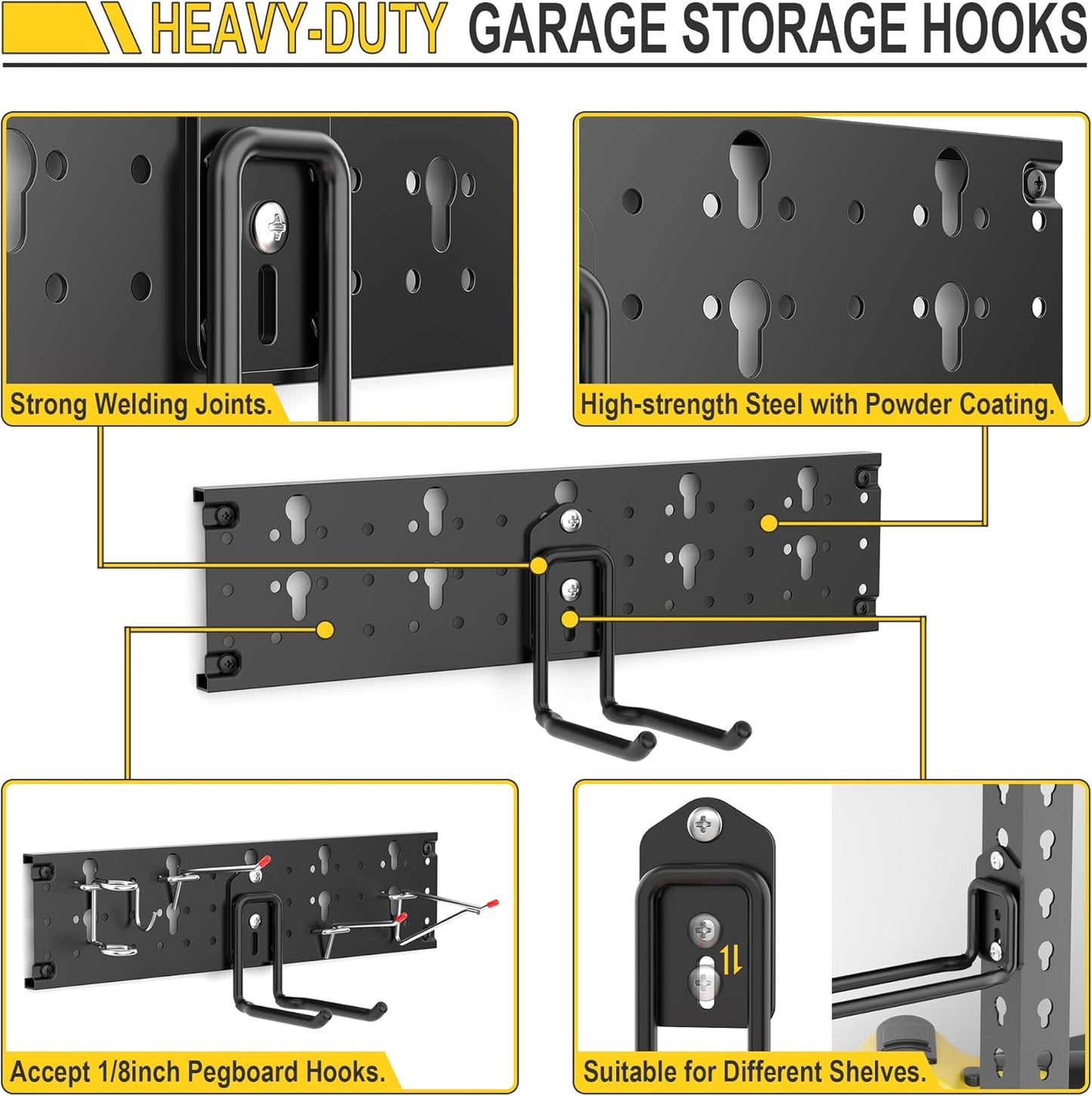 Ultrawall Garage Storage Organization, Versatile Storage Hooks Garden Tool Organizer Wall Mount, 48 Inch Yard Tool Organizer Hangers for Shovels, Rakes, Ladders, 15pcs Black