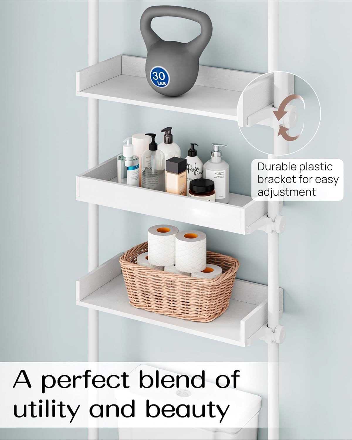ALLZONE 4 Tier Over The Toilet Storage, Adjustable Wood Over Toilet Bathroom Organizer, Freestanding Shelves, Fit Most Showers Over The Toilet Shelf, 92 to 116 Inch Tall, White
