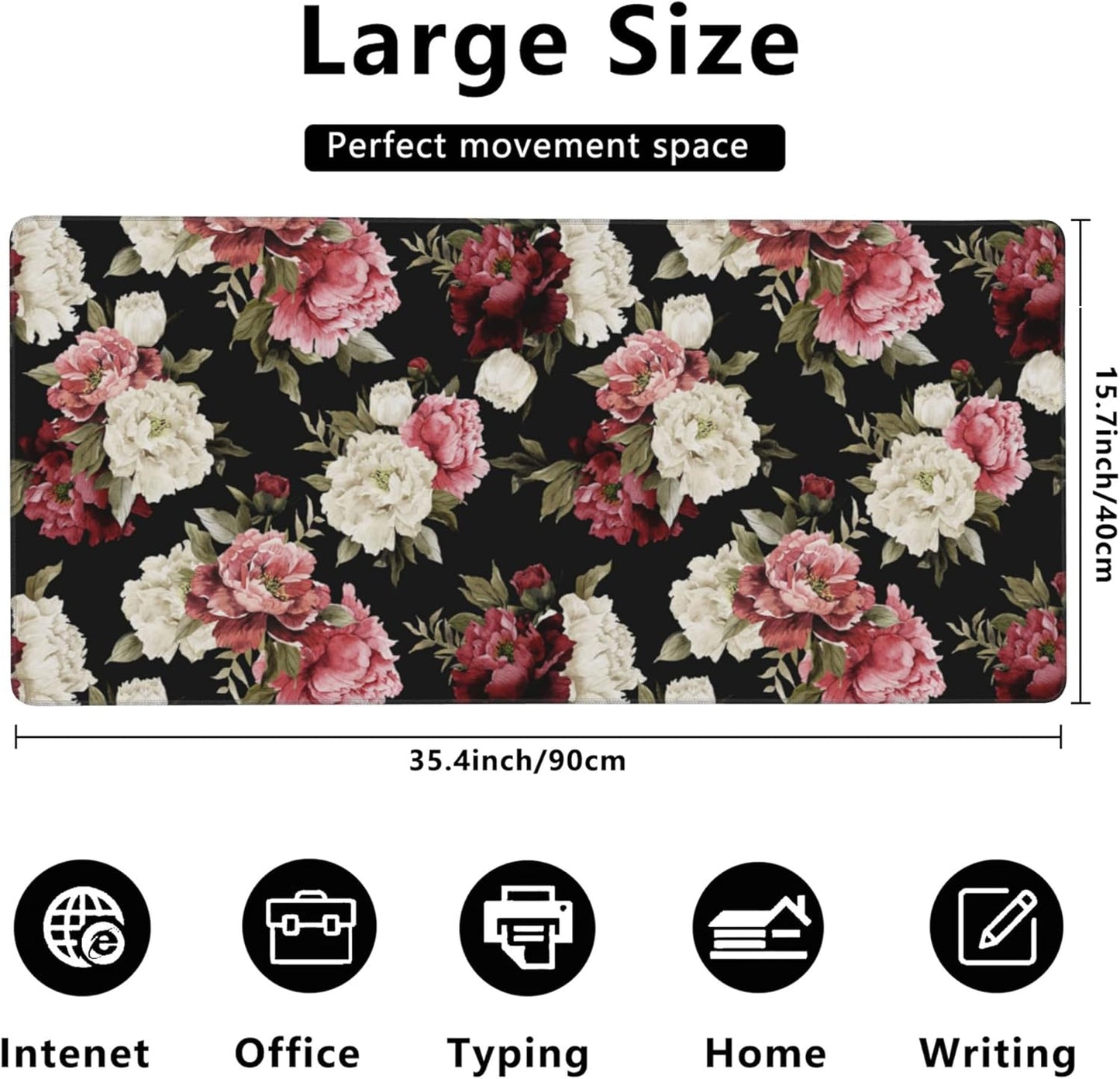 Desk Mat,Watercolor Peonies Floral Gaming Mouse Pad,XXL Extended Mouse Pad Mat for Office,Computer,Keyboard with Non-Slip Base Stitched Eges Mousepad 35.4x15.75 inch
