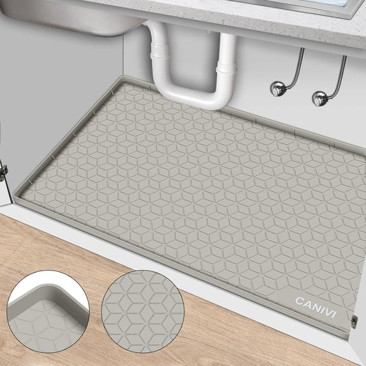 Under Sink Mat, 34" x 22" Waterproof Silicone Under Sink Tray for Kitchen & Laundry Cabinets, Kitchen Cabinet Shelf Protector, Up to 3.3 Gallons Liquid, Fits 36 inch Standard Cabinet(Grey)
