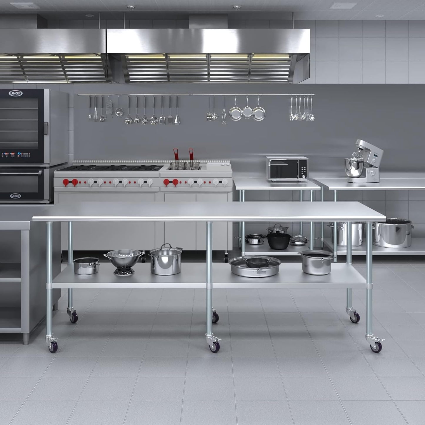 AmGood 30" x 96" Stainless Steel Work Table with Casters | Heavy Duty Metal Utility Table On Wheels | Kitchen Island Cart