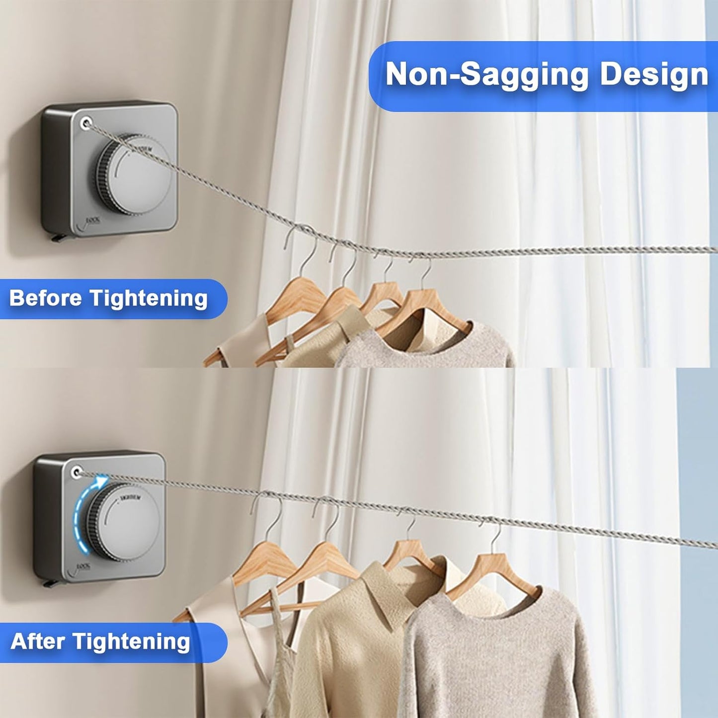 Retractable Clothesline Indoor, Non-Sagging Outdoor Clothes Drying Line Retracting Heavy Duty Clothes Drying Laundry Line Wall Mounted Stainless Steel Line - 15.6 Feet (Square Gray)