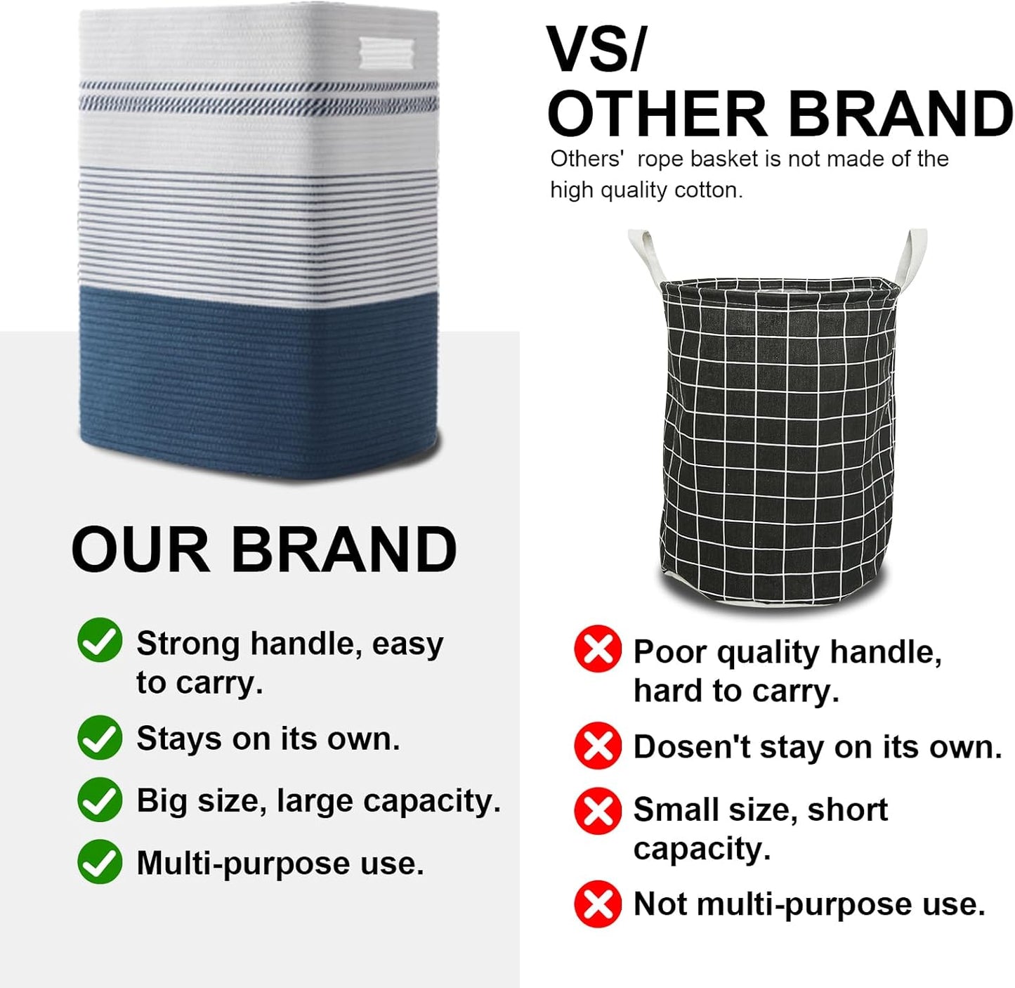 Laundry Hamper, Large Woven Rope Tall Laundry Basket with Handles, 22" X 17" X 13", Decorative Storage Basket for Clothes and Blankets in Living room, Bedroom, Dark Blue& White