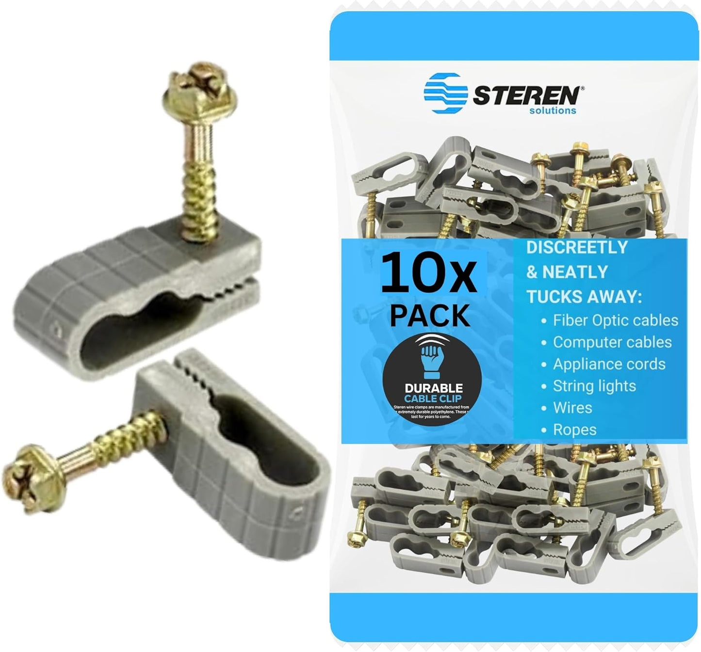 STEREN Coaxial Cable Clips - Cable Holder - Wire Clips - Siding Clips for Hanging - Cord Holder for Desk - Cable Clamps - Cord Clip - Wire Organizer Clips - Tv Mount Screws - Gray - 10 Pack