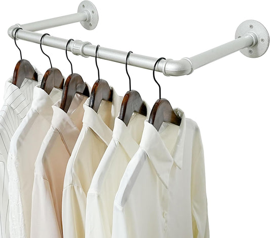 WEBI Industrial Pipe Clothing Rack,24" Wall Mounted Clothes Rack for Hanging Clothes,Heavy Duty Metal Garment Rack Bar Wall Mount Clothing Rod for Closet,Laundry Room,Silver