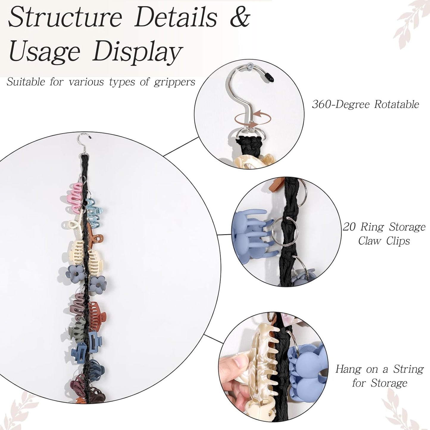 SNOWSTAR Macrame Hair Claw Clip Organizer with Rotating Hook and 20 Metal Rings,Hanging Hair Clip Holder and Storage for Women Girls,Claw Clips Hanger Home Decor for Wall,Door,Closet (Black1PCS)