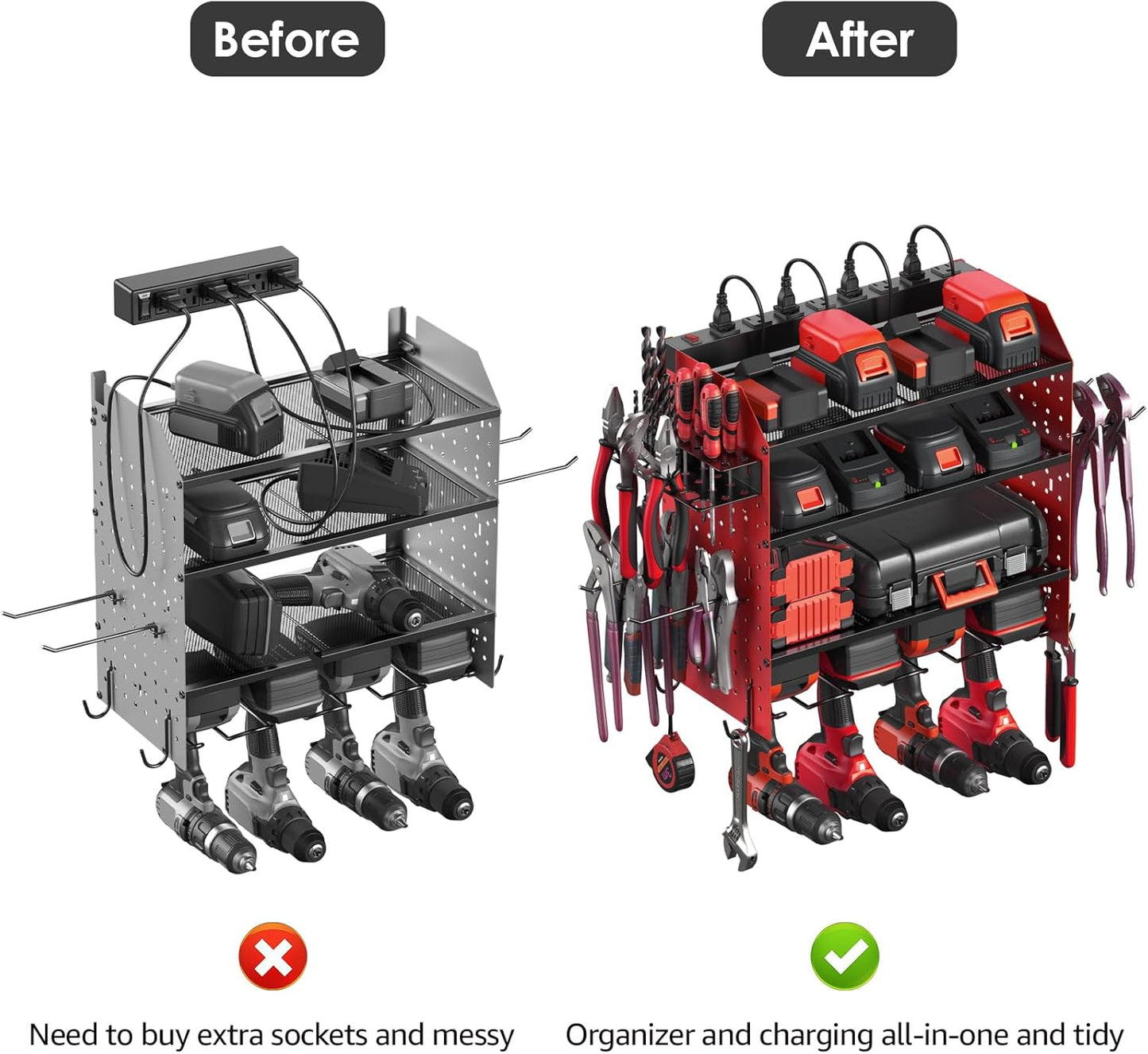 CCCEI Modular Pegboard Rack Power Tool Organizer with Charging Station. 4 Layer Wall Mount Drill Holder, Red Tool Battery Charger Organizer. Garage Shop Storage Utility Shelf with 10FT Power Strip.