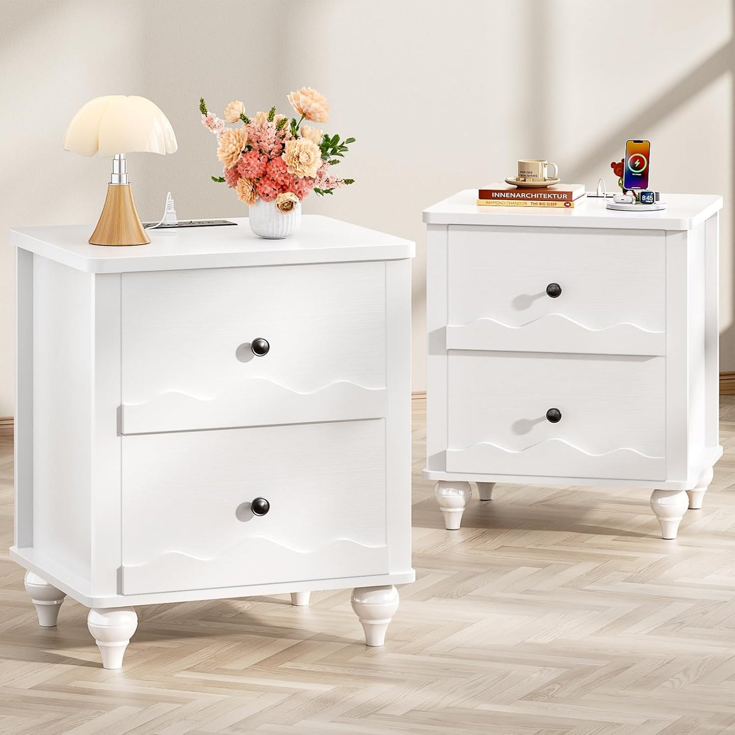 Cyclysio Nightstand Set of 2 with Charging Station, Side End Table with 2 Drawers, Modern Wood Night Stand Set 2 with Scalloped Pattern for Bedroom, Bedside Night Tables with Solid Wood Gourd Legs