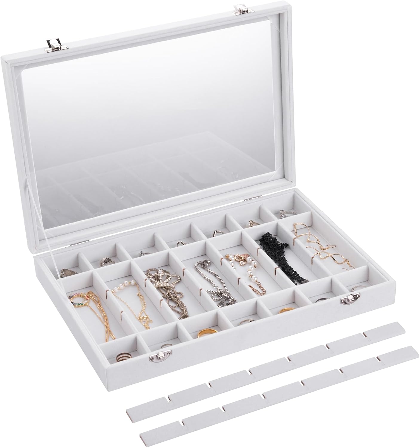 Frebeauty Velvet Jewelry Tray,35 Grid Jewelry Organizer with Clear Lid,Earring Holder Organizer Case with Clasp,Drawer Insert for Rings Studs,13.8 x 9.5 x 2 Inches,Gift for Women Girls(White)