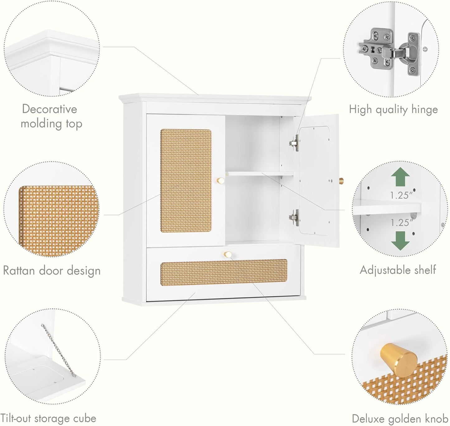Spirich Bathroom Wall Cabinet Over Toilet, Modern Rattan Medicine Cabinet with Adjustable Shelf, Space-Saving Wall Mount Storage