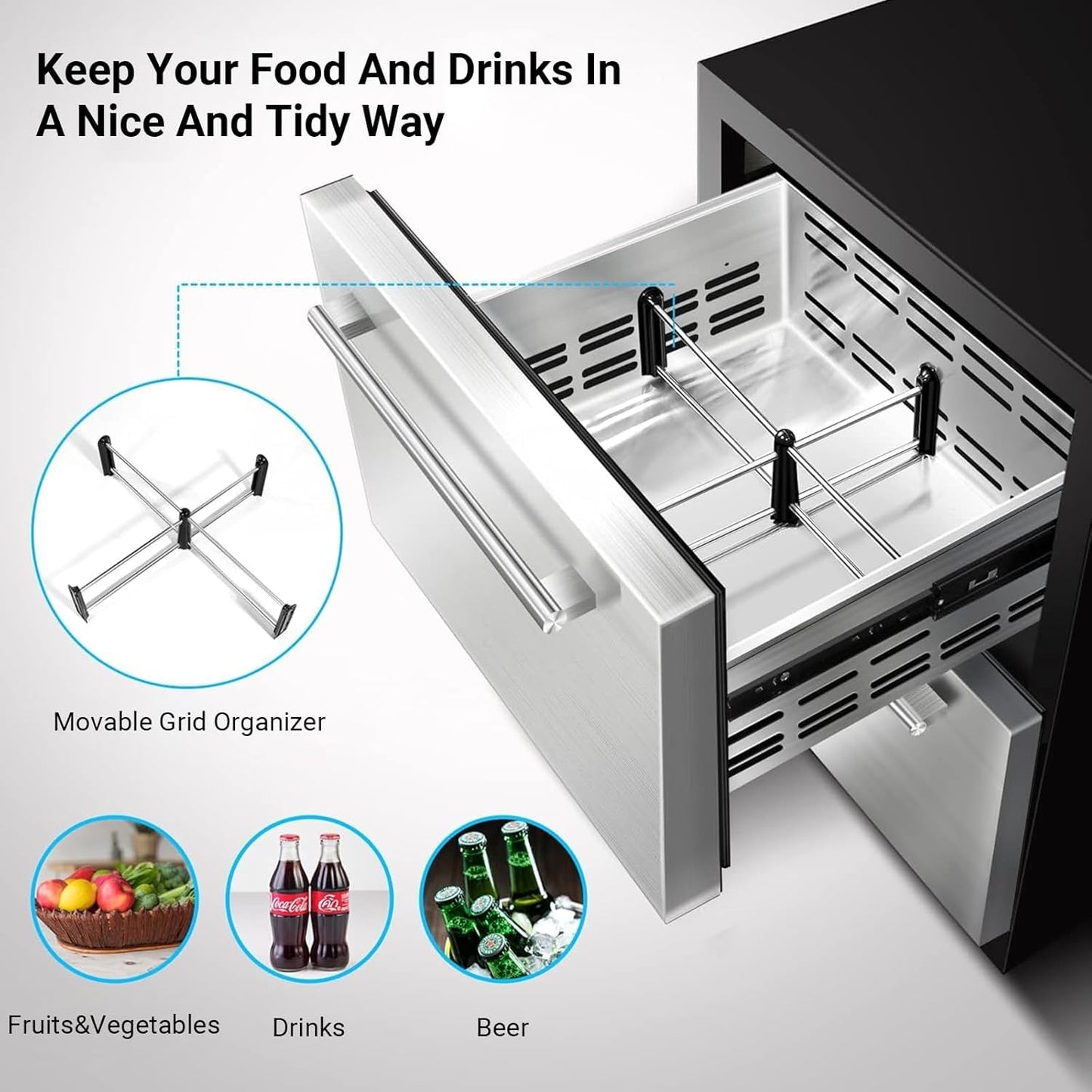 BODEGA 24 Inch Beverage Fridge under Counter, 2 Drawer Outdoor Coolers for Patio and Deck Weatherproof, Stainless Steel Beverage Refrigerator for Beer, Soda, Holds 180 Cans