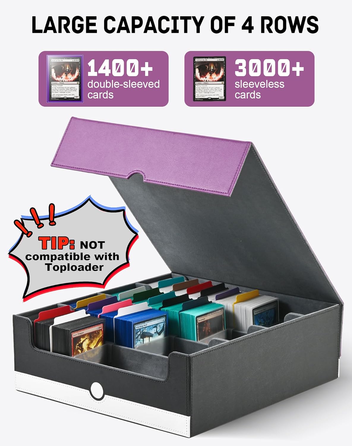 ZLCA Card Storage Box Holds 3200+, Deck Storage Case with 4 Stoppers, Card Organizer for TCG MTG PTCG(Purple& White)