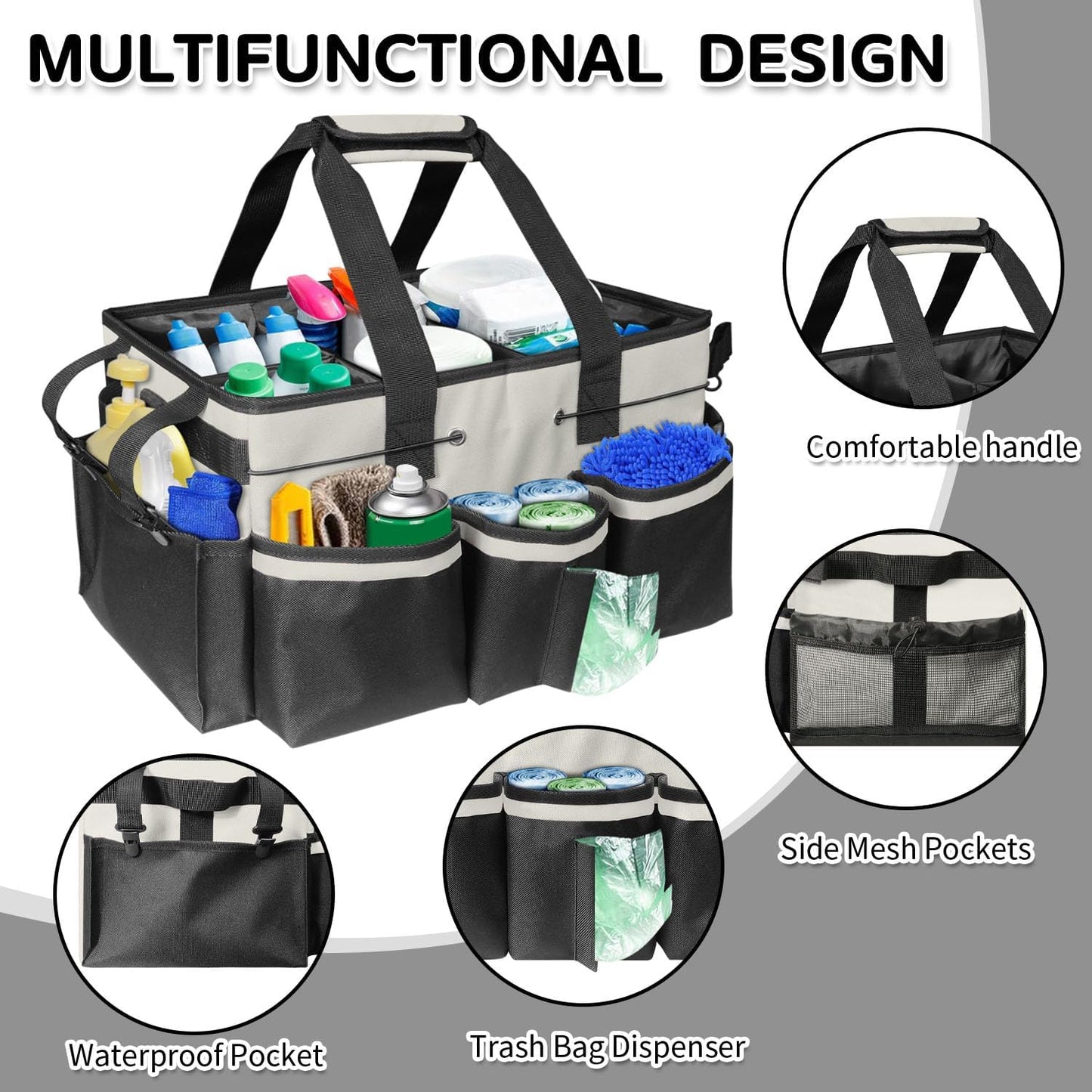 Boczif Cleaning Caddy Bag Wearable, Cleaning Caddy Supplies Organizer with Handle, Shoulder Straps & Detachable Divide, Cleaning Tool Organizers Tote Bag for Cleaners & Housekeepers (White)