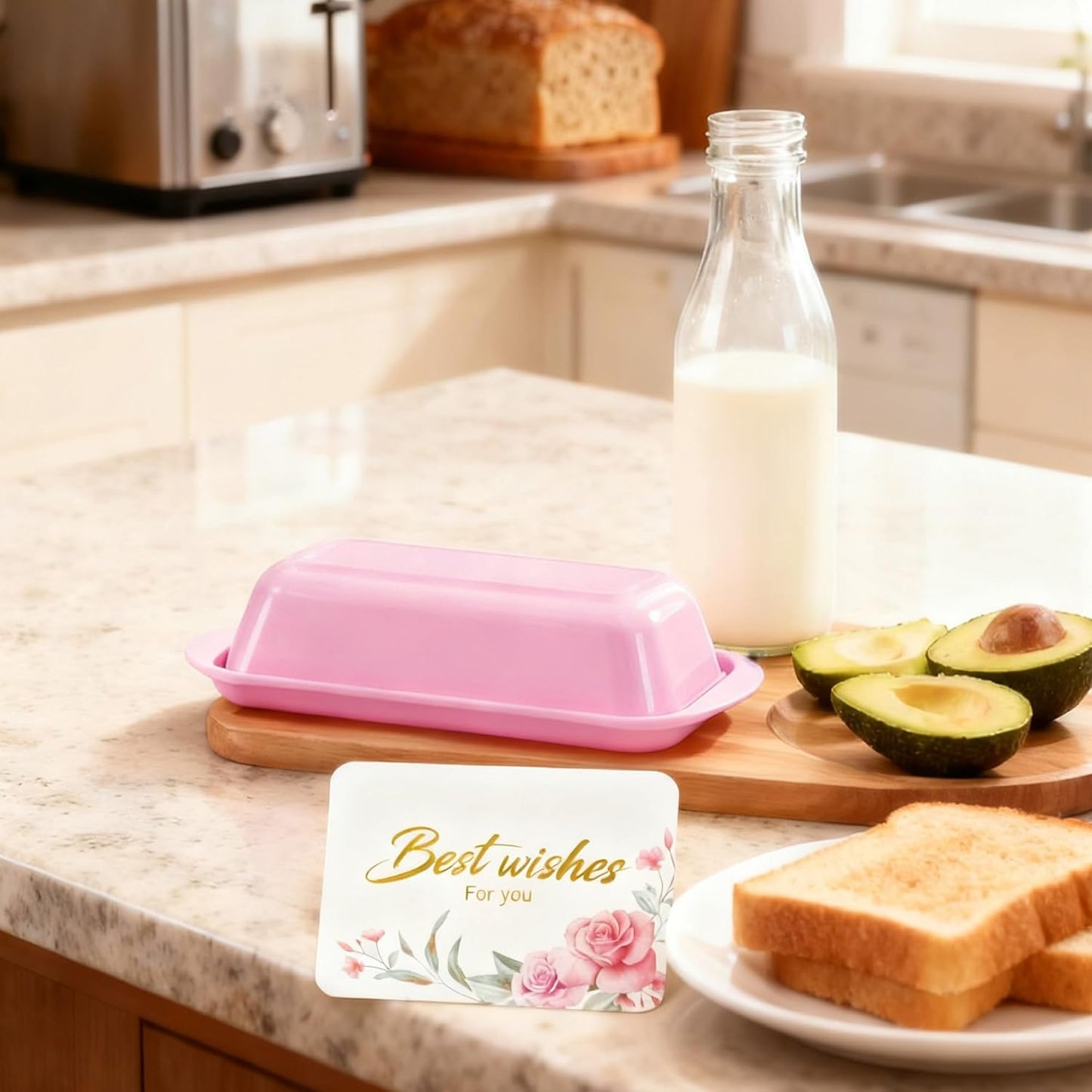 Butter Dish with Lid and Knife, Durable Countertop & Fridge Butter Keeper, Melamine Butter Container Valentine’s Kitchen Gift, Heart Design - Pink