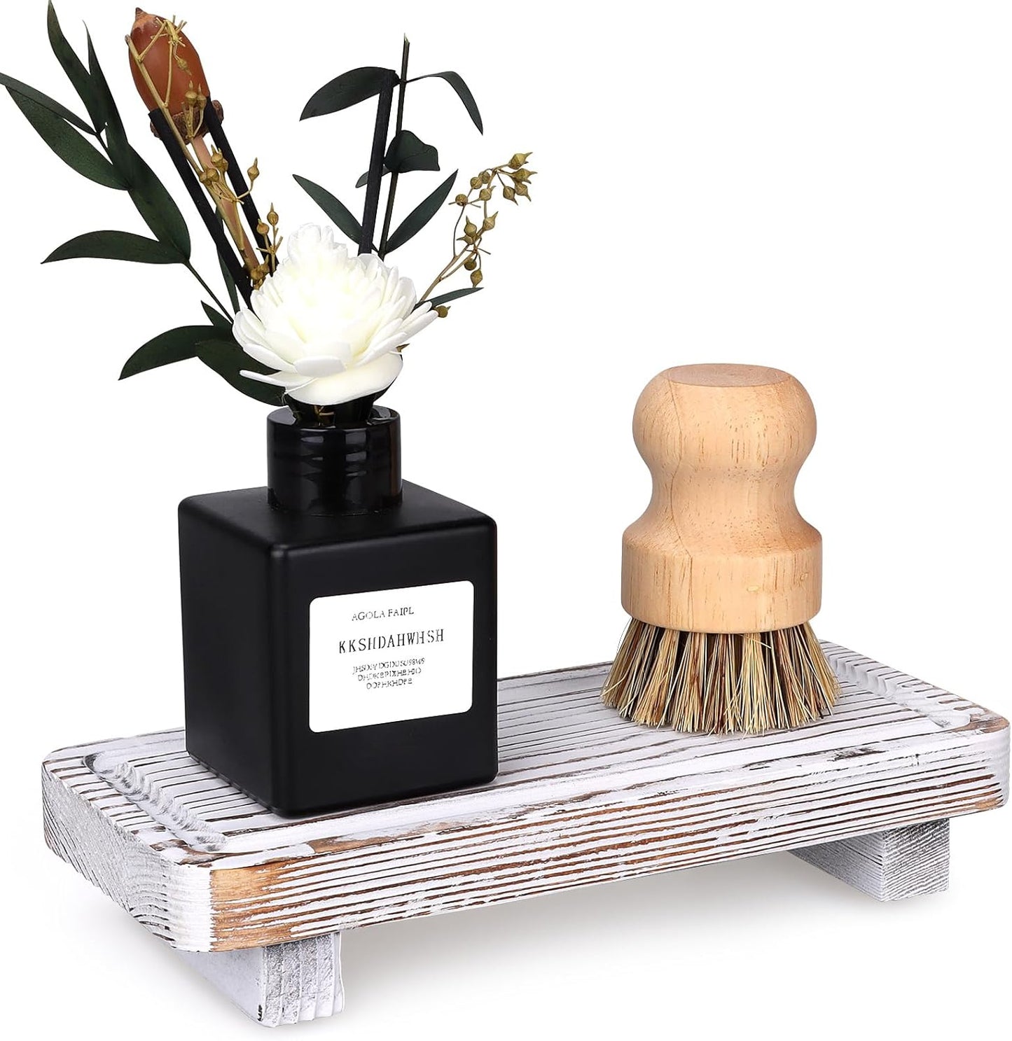 Small White Bathroom Decor Tray for Counter Dish Soap Holder Wooden Pedestal Stand for Kitchen Sink Soap Dispenser Tray Wood Risers Kitchen Accessories Countertop Vanity Counter Sink Tray
