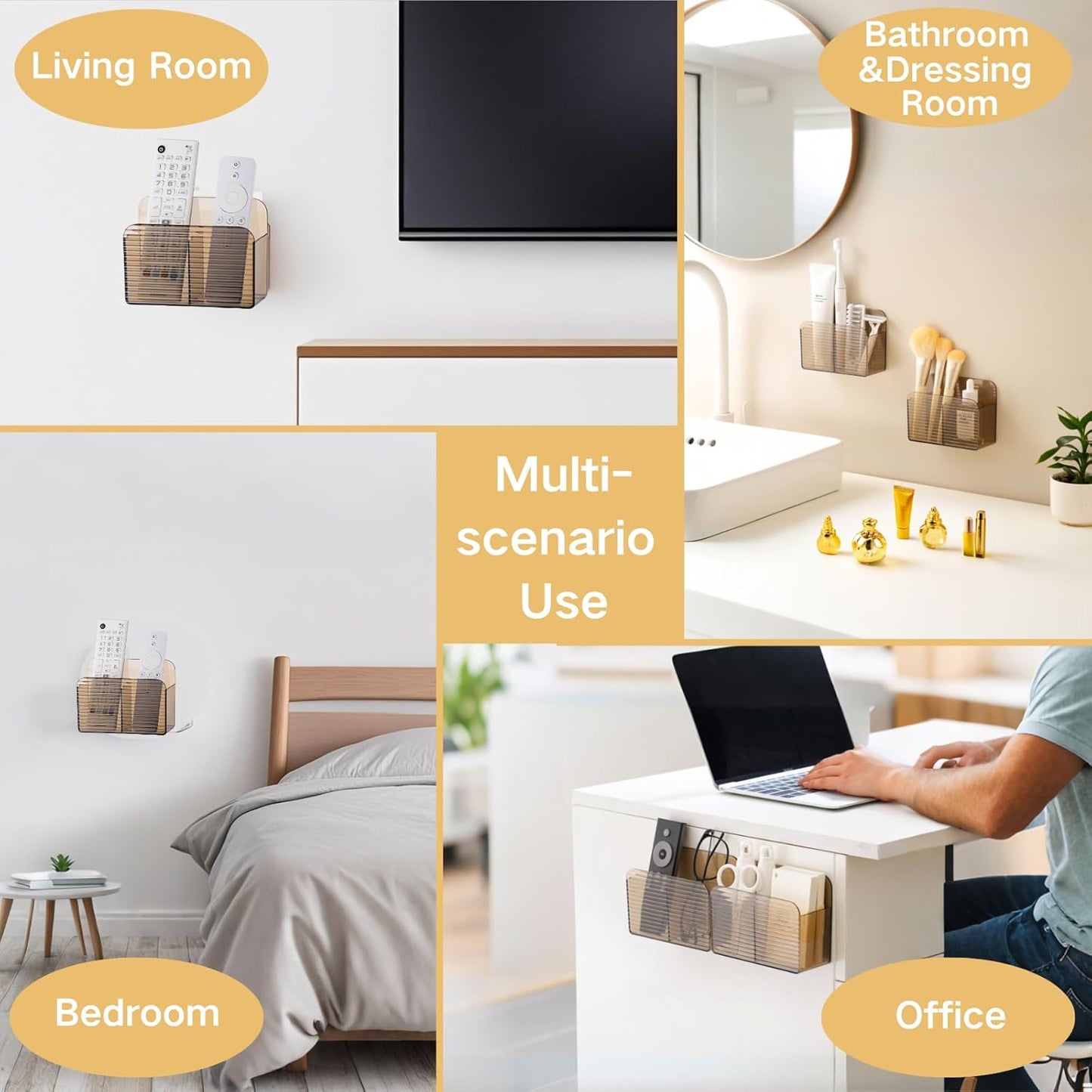 LINFIDITE 2 Pack Adhesive TV Remote Control Holder Wall Mount TV Remote Holder For Bedside Wall Remote Control Caddy Storage Organizer Stand Box （For 2 Or 4 Remote Controls – Clear Brown）
