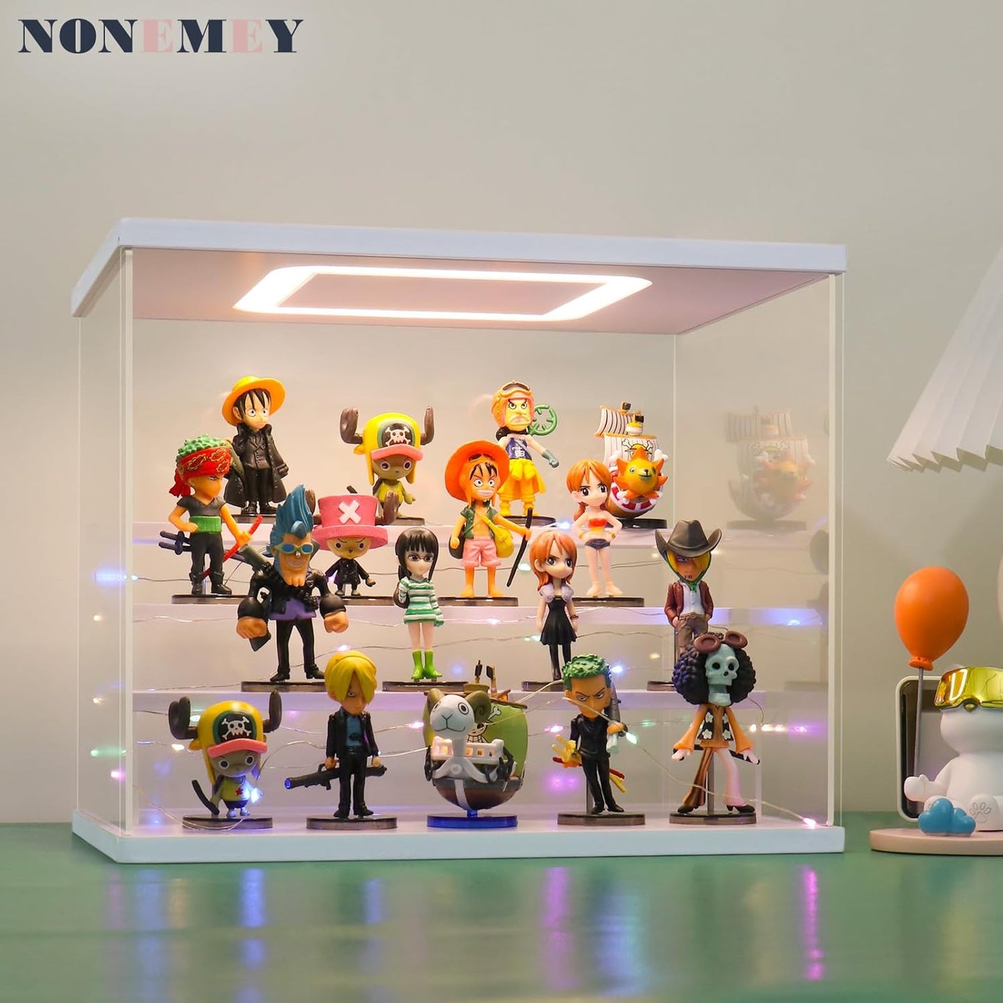NONEMEY Clear Acrylic Display Case Stand with LED Light 2/3/4/5/6 Tier Storage Box Showcase Dustproof Organizer Box for Collectibles (White 4Tier 12.4*9.6*10.4inch)