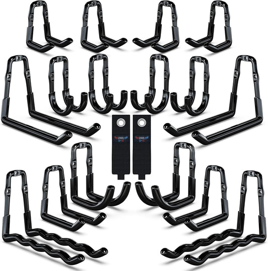 3-H Garage Wall Hooks 18 Pack, One-Piece Construction Garage Hooks Heavy Duty, Garage Accessories & Organizer Wall Mount for Ladders, Weedeaters, Garden Tools (Black)