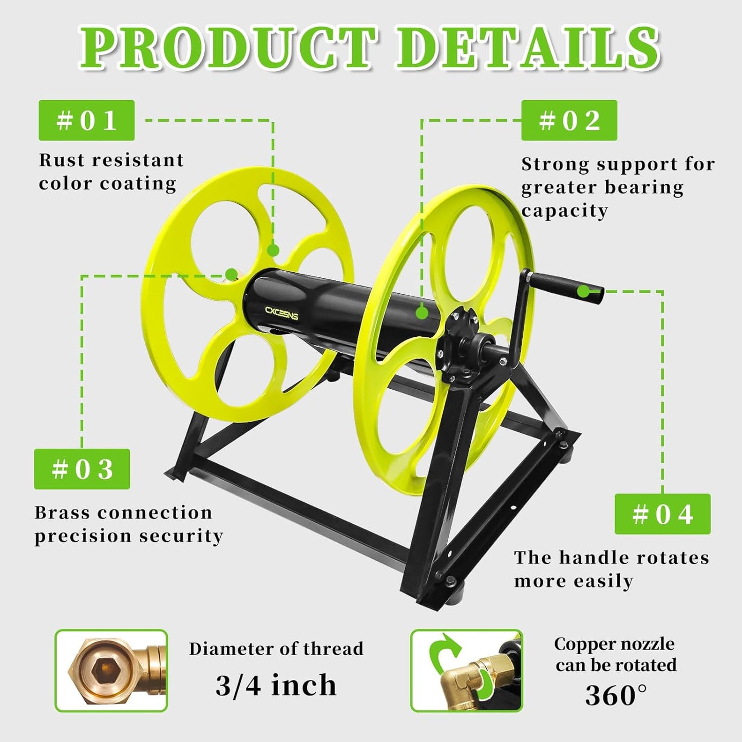 Stainless Steel Garden Hose Reel for 5/8" stainless steels Hoses Reel with Crank Handle Hose Reel Wall Mount 3/4 in Brass Fitting for Hassle-free Outdoor ， Holds up to 400-Ft (Hose not included)
