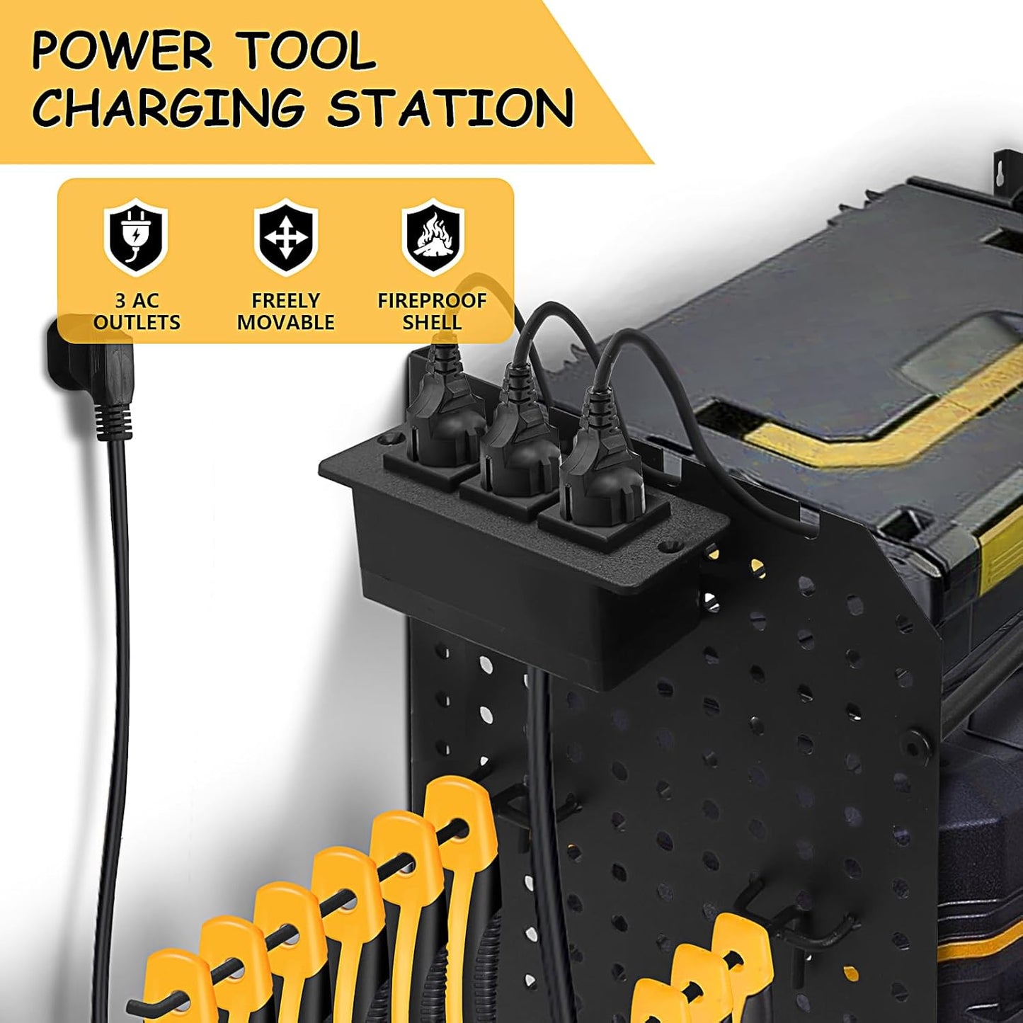 Power Tool Organizer Wall Mount, 3 Layer Tool Storage Rack, Drill Bit Heavy Duty Rack, Heavy Duty Metal Power Tools Storage Rack Tools Shelf with Charging Station for Garage Organization