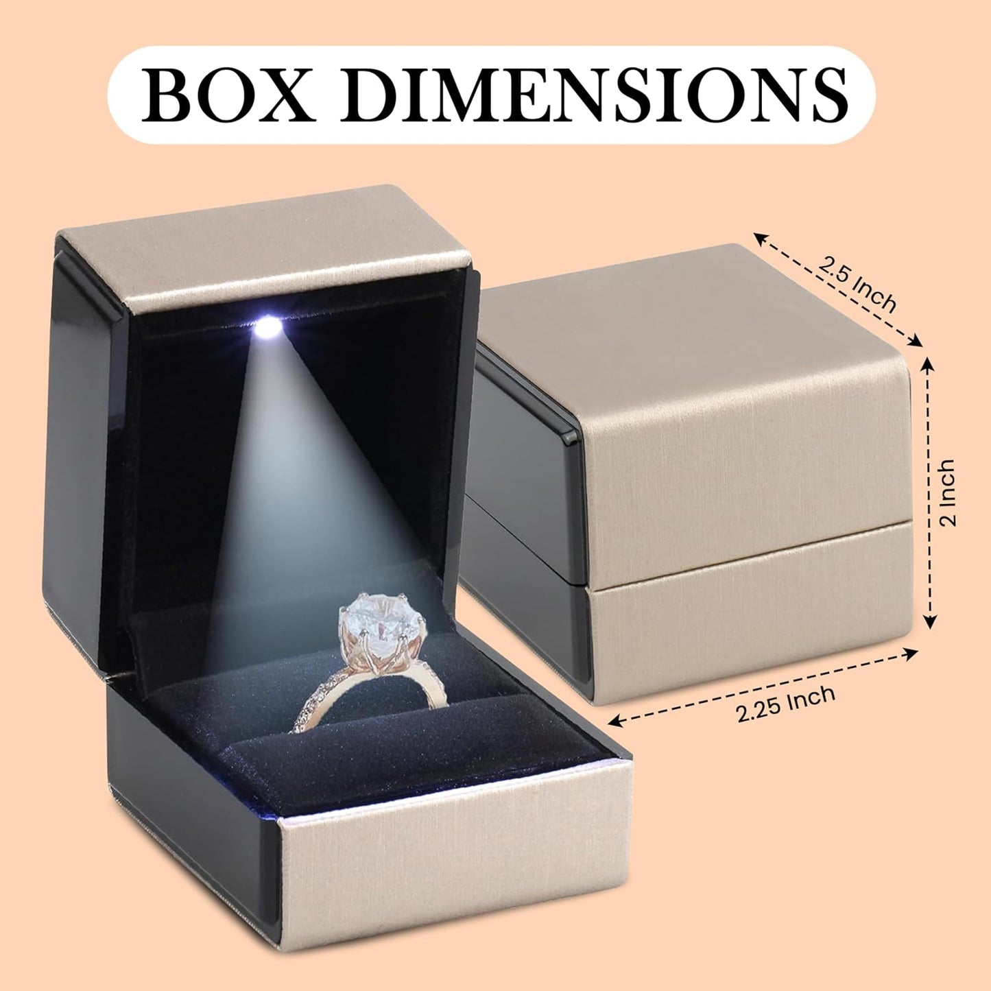 Novel Box Square Shaped Gold Ring Box With LED Light 2.25X2X2.5 Inches - Jewelry Ring Case Best for Jewelry Displays - Gift Boxes for Mother's Day, Engagement, Anniversary & more Happy Occasions