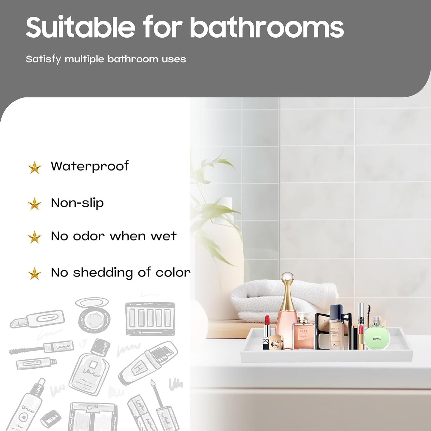 Vanity and Bathroom Tray, 15" ABS Countertop Organizer,Waterproof Vanity Tray for Toilet Tank,Perfume,Soap,Keys,Bathroom Accessories,Kitchen and Bath Trays,Non Slip Small Trays,White