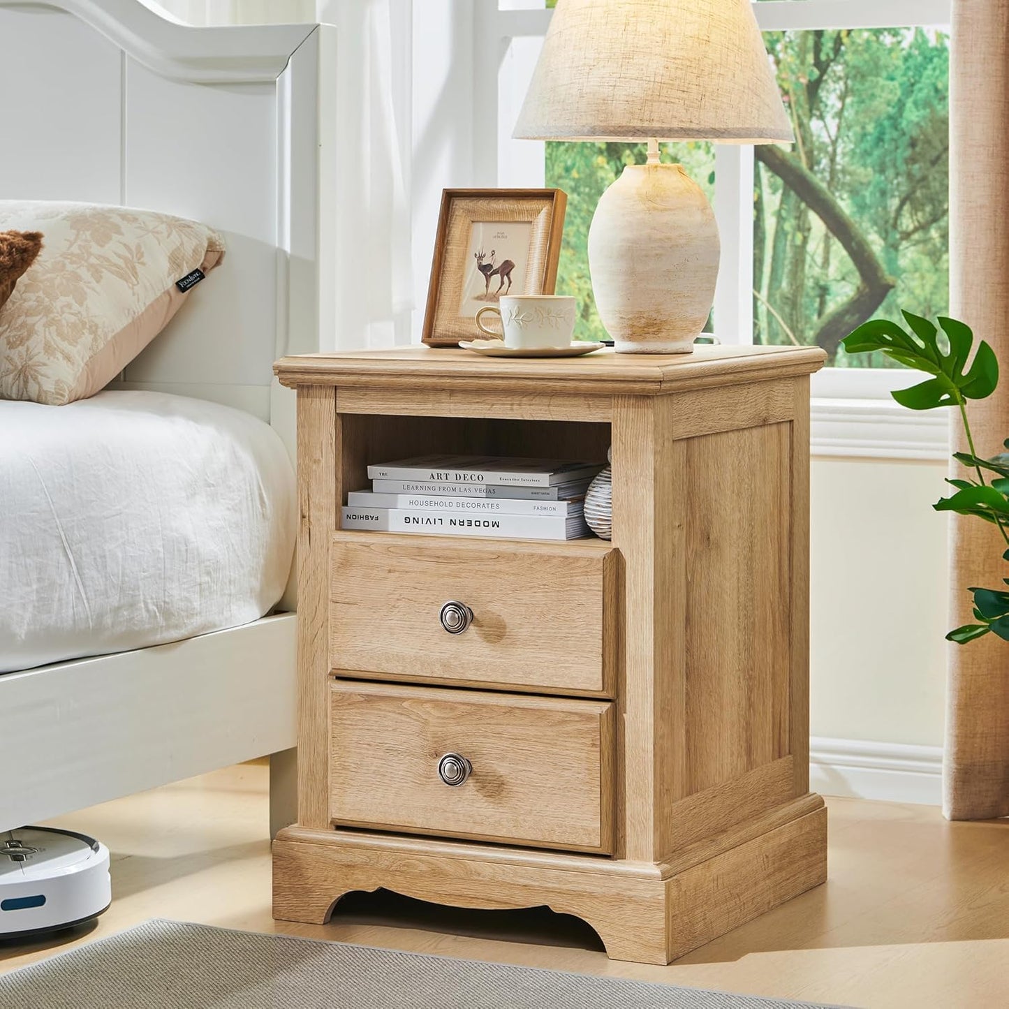 T4TREAM Nightstand with Charging Station, 18 Inch Vintage End Table with 2 Drawers, Wood Rustic Sofa Side Table with Open Storage Shelf for Bedroom, Living Room, Natural Oak