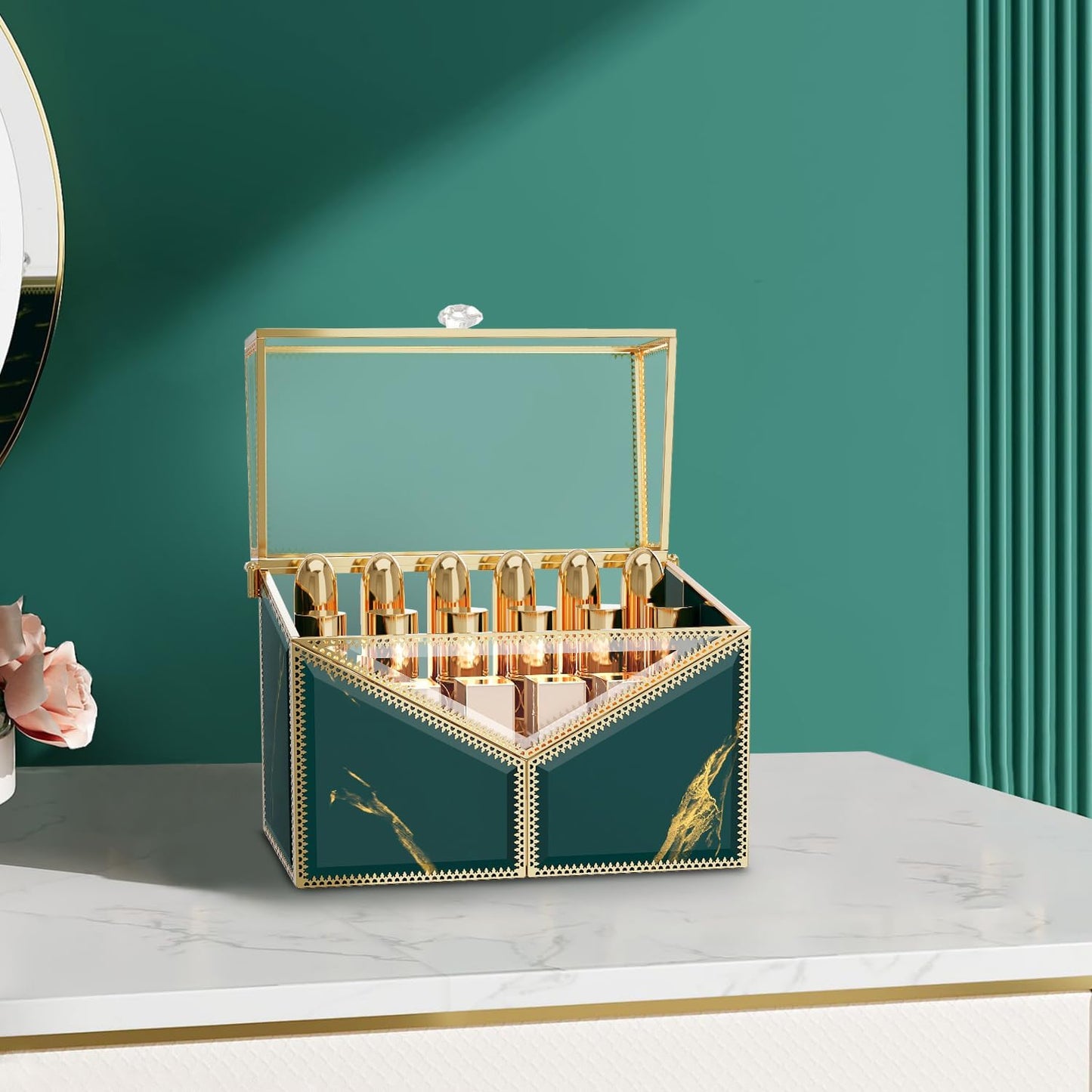 Glass Lipstick Organizer, 18-Slot Green Vanity Makeup Holder for Lipsticks & Nail Polish, Removable Dividers, Vintage Cosmetic Storage Display Box