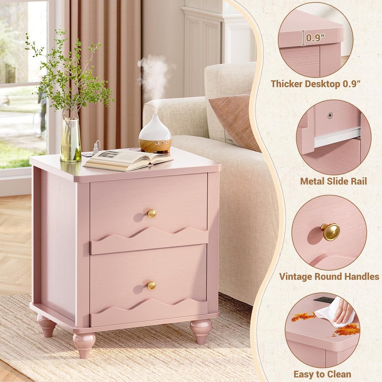 Cyclysio Nightstand Set of 2 with Charging Station, Side End Table with 2 Drawers, Modern Wood Night Stand Set 2 with Scalloped Pattern for Bedroom, Bedside Night Tables with Solid Wood Gourd Legs