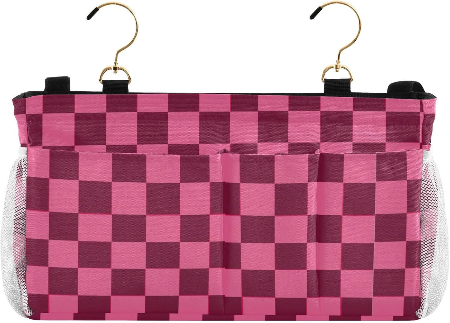 Checkered Hot Pink Bedside Caddy for Dorm Bed Bedside Hanging Caddy Bag Iron Frame Storage Organizer Pocket for Bunk Home College Hospital Beds 2 Hooks