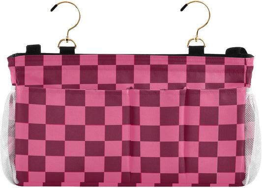 Checkered Hot Pink Bedside Caddy for Dorm Bed Bedside Hanging Caddy Bag Iron Frame Storage Organizer Pocket for Bunk Home College Hospital Beds 2 Hooks