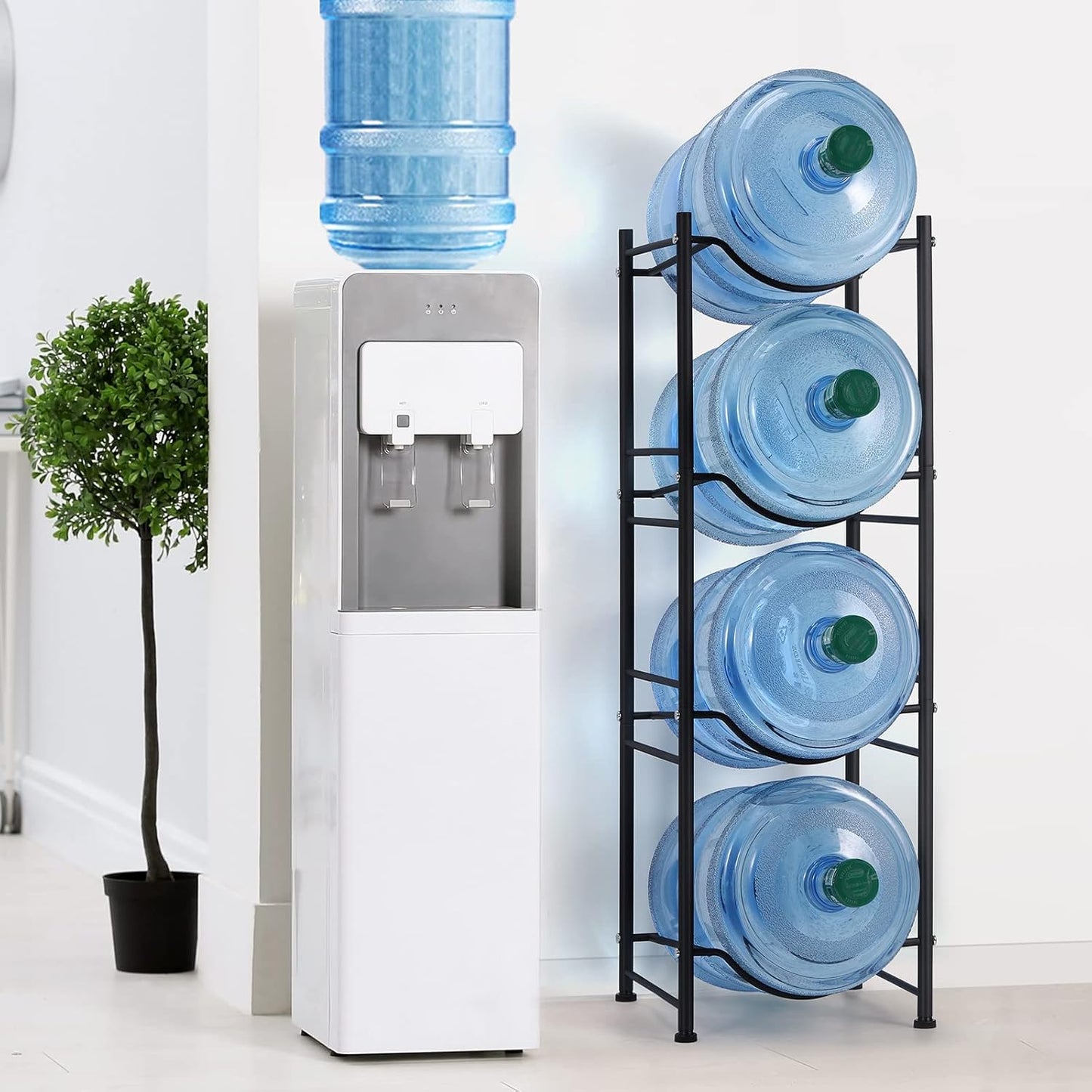 smusei 5 Gallon Water Bottle Jug Holder 4 Tier Heavy Duty Cooler Jug Storage Rack Detachable Bottle Organizer Shelf for Home, Kitchen, Office, Breakroom Space Save, Black