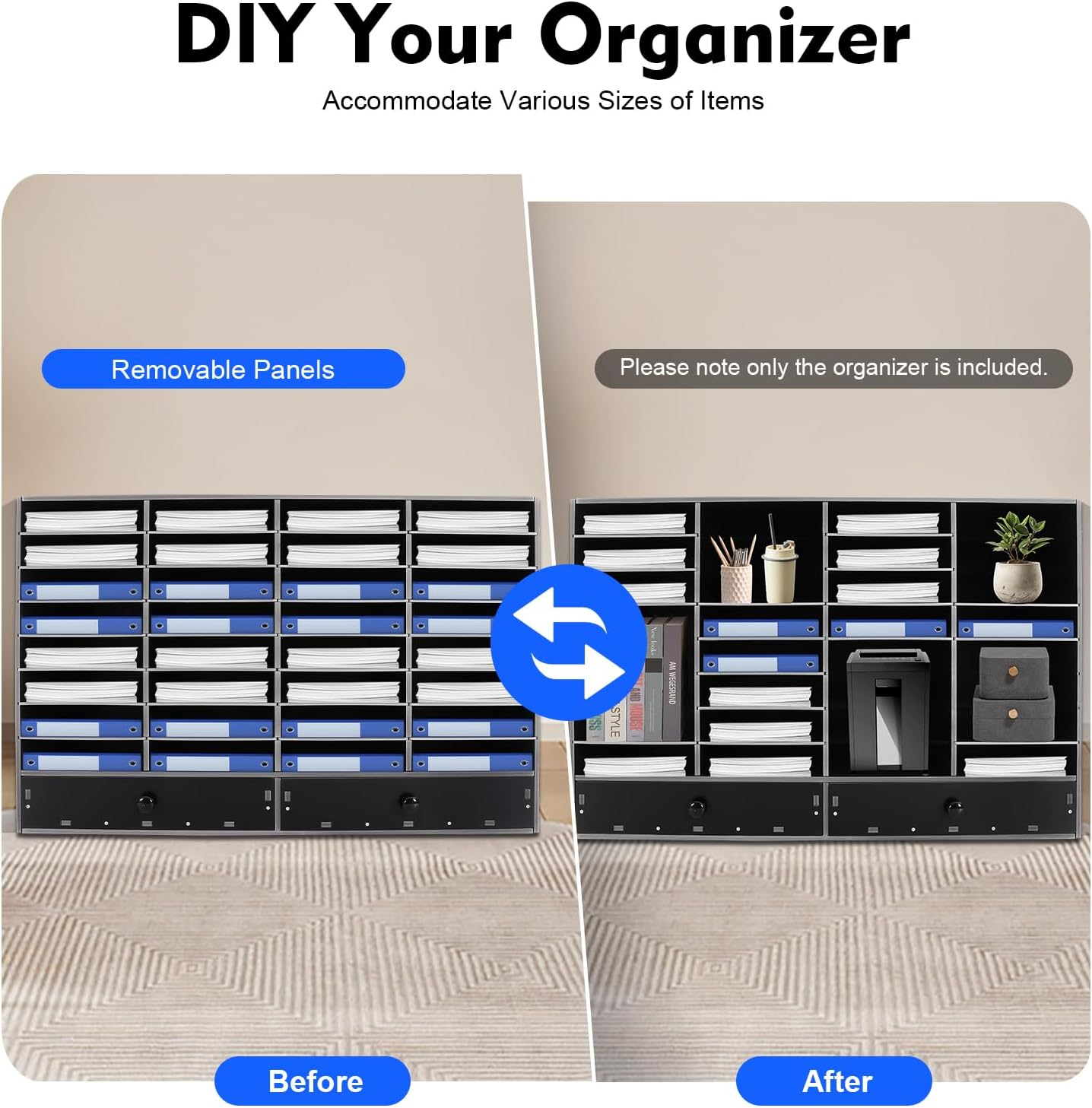 Adjustable Literature Organizer, 32 Compartments Mail Sorter Organizer with 2 Drawers, PVC Desktop File Sorter, Classroom Mailbox Office Mailbox Cubbies for Office, Home, Study Room Black