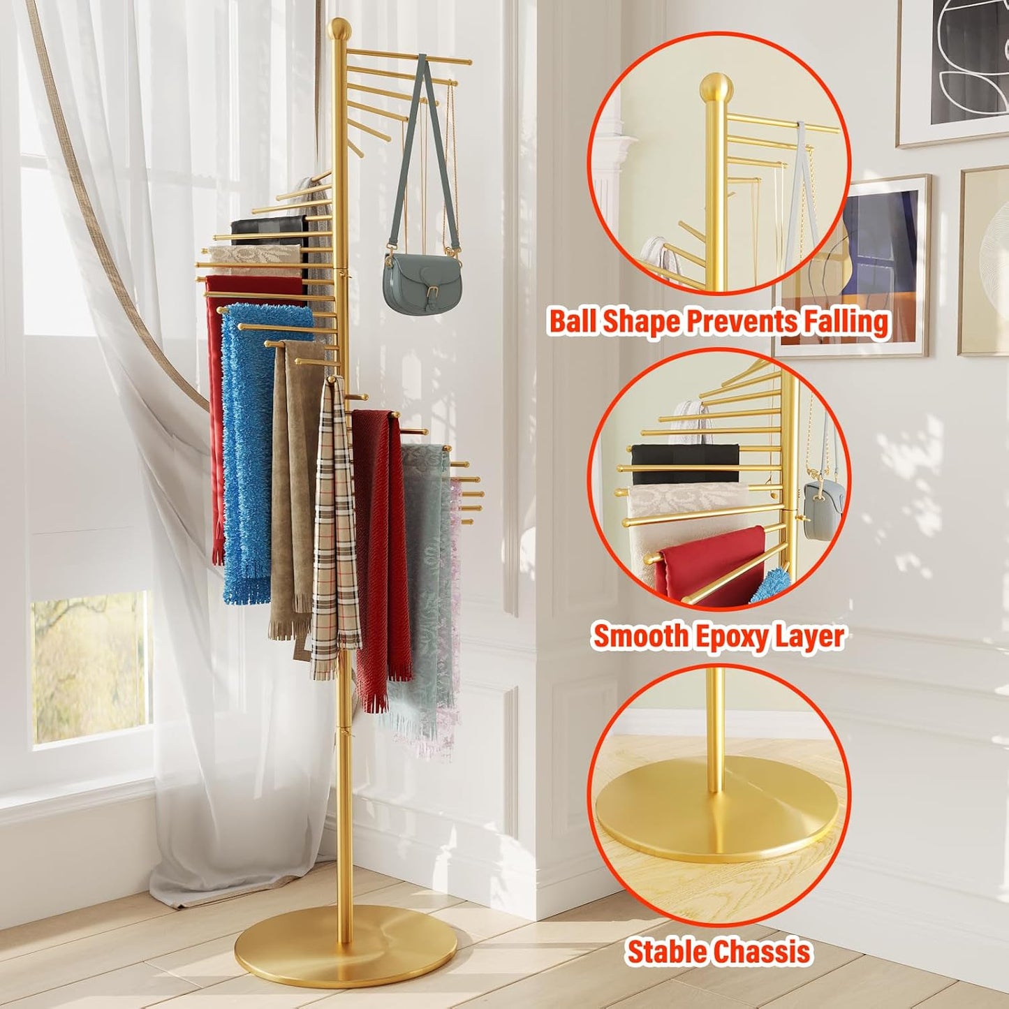 Spiral Scarf Rack, Metal Freestanding Scarf Organizer with 30 Rods, Commercial Hijab Organizer Stand for Home Clothing Store, Space Saving Shelves (Gold)