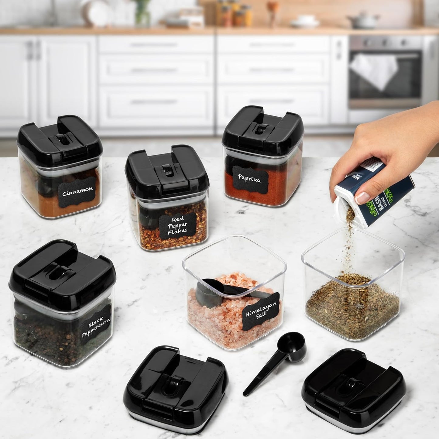 Shazo 6 PC Airtight Food Storage Containers + 6 Spoons - BPA Free Clear Plastic Snack & Spice Containers with Easy Lock Lids - Kitchen and Pantry Organization for Herbs, Coffee, Tea - 0.5L / 2.1 Cups