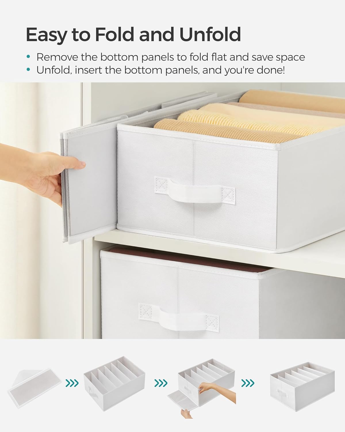 SONGMICS Set of 4 Large Size Wardrobe Clothes Organizers, 6-Compartment Foldable Drawer Organizers with Handles, 16.5 x 11.8 x 6.7 Inches, for Pants, Sweaters, Jeans, Cloud White URUS009W04