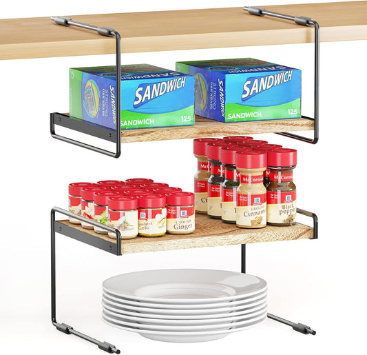SpaceAid Cabinet Shelf Organizers 2 Pack, Kitchen Counter Organizer Rack Under Shelves Riser, Pantry Cupboard Storage Organization, Metal and Wood, Black and Natural, 13" Wide