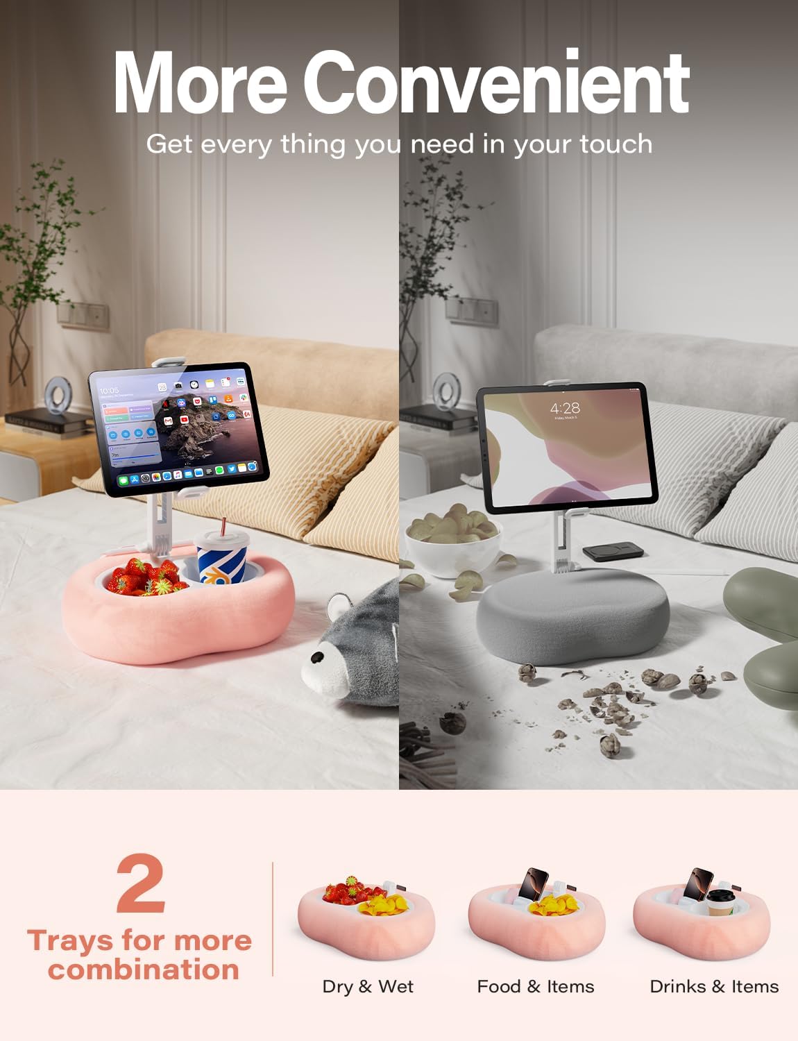 Tablet Kindle Pillow Stand Holder with 2 Trays Fit 4''-13'' Phone/Tablet/Kindle iPad Holder Stand for Bed with Soft Plus Fabric Reading Accessories Gift, Pink