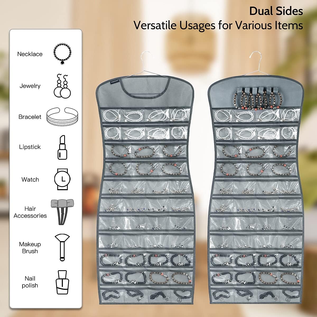 Hanging Jewelry Organizer Dual Sided 84 Clear Pockets and 6 Hook Loops Storage for Holding Jewelries Hair Accessories Dress Shaped Earring Holder (84 Pockets and 6 Hook Loops -Grey)