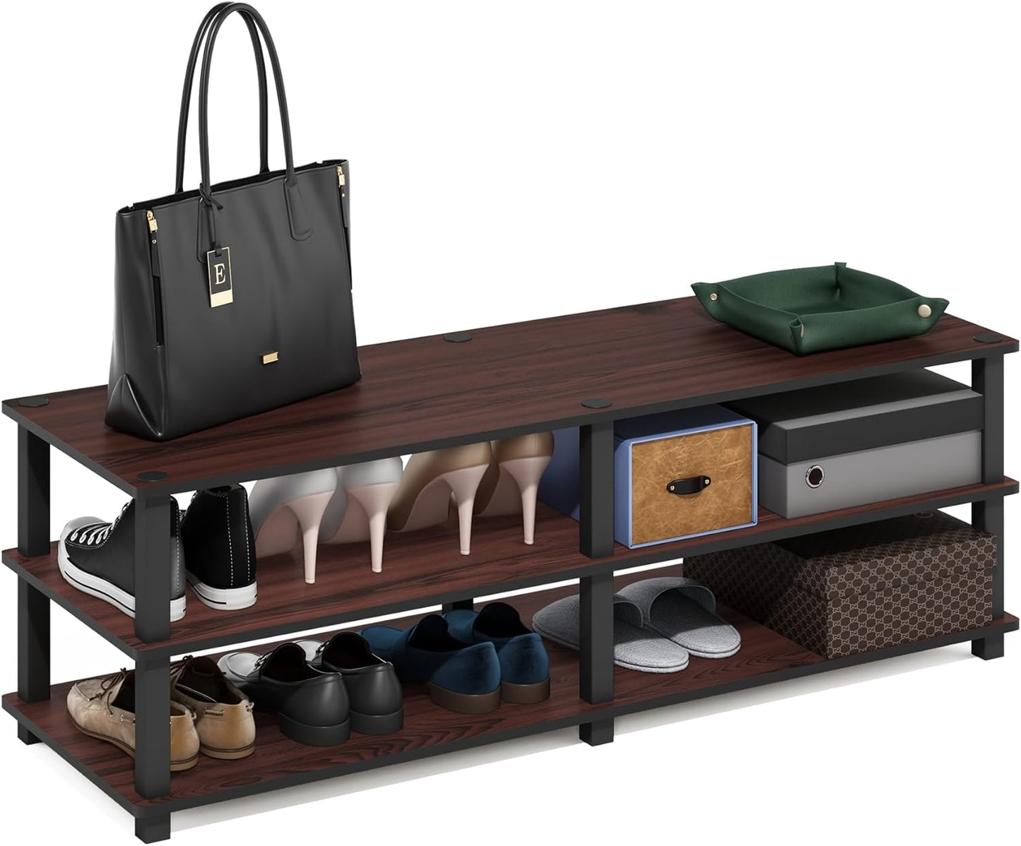 Furinno TURN-S-TUBE Shoe Rack, 3-Tier Shoe Organizer, Shoe Storage Rack with No Tools Assembly, 11.6 x 47.2 x 15.4, for Closet Entryway, Office, Garage, Dark Cherry/Black
