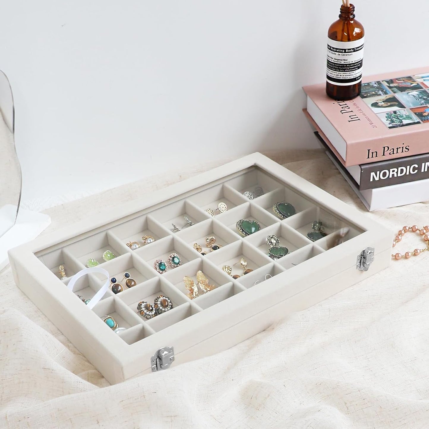 Wudygirl Jewelry Organizer Earring Holder Jewelry Tray with Lid Velvet Jewelry Box Jewelry Display Case Bracelet Earrings Ring Holder for Women Dresser (Beige 24 Grid Jewelry Tray)