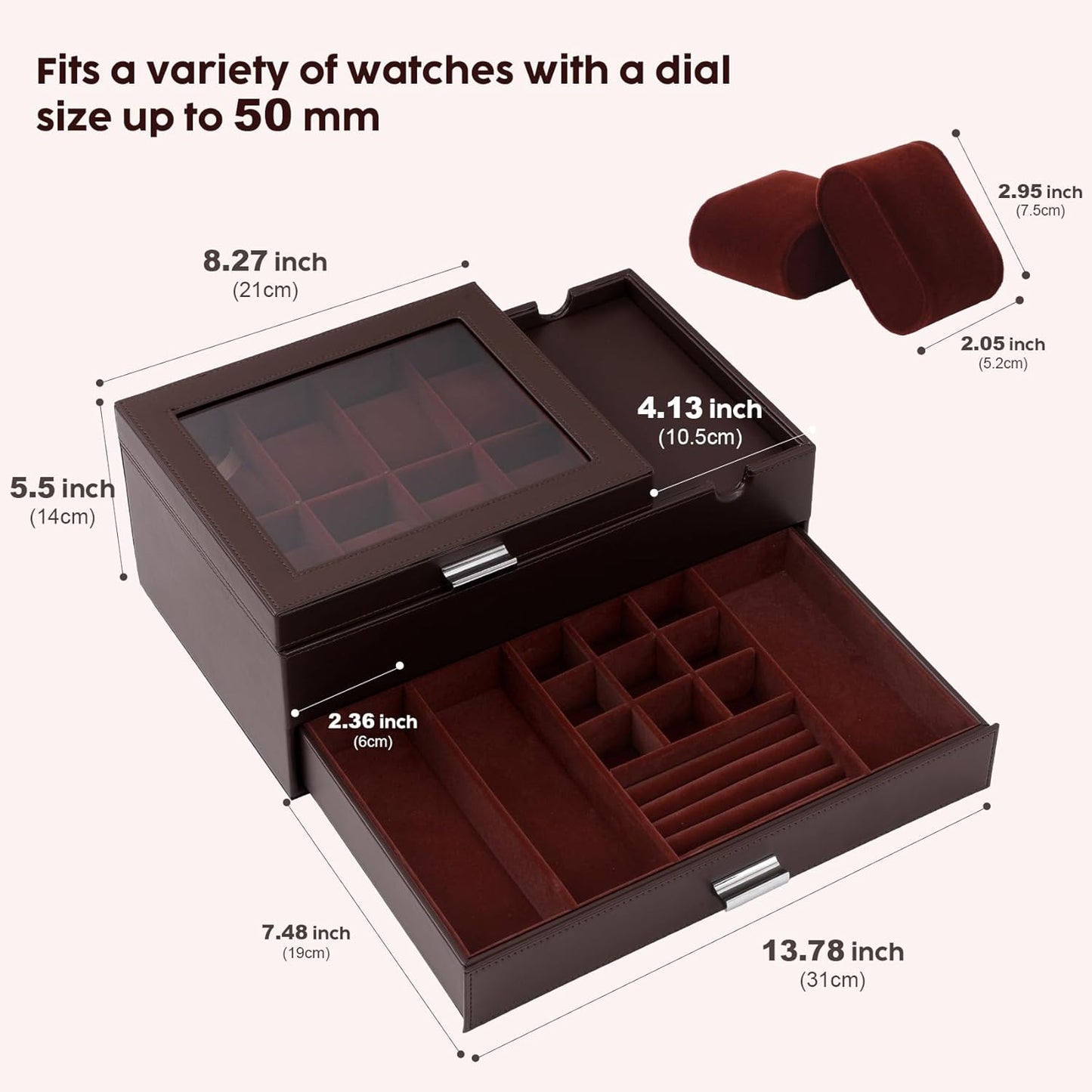 Dajasan Watch Box, Watch Case with Glass Lid, 8 Slot Watch Display Case, Large Watch Holder Organizer, Watch Storage Case for Men Women Boys Husband Dad, Gift Idea, PU Leather (Brown)