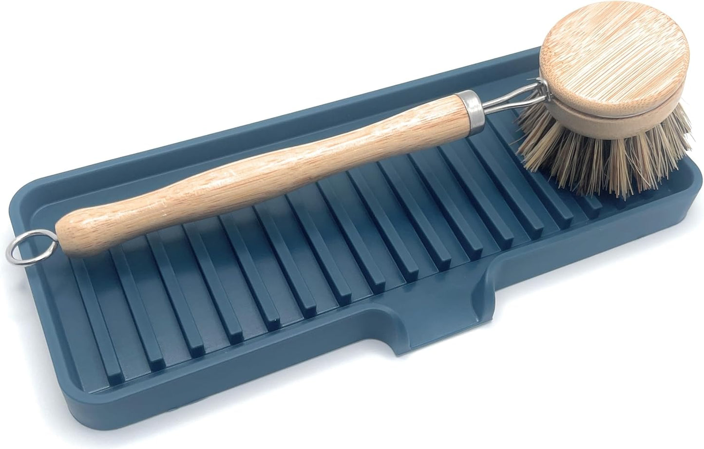 Happitasa Silicone Soap Dish Tray and Sponge Holder with Drain Chute | Bathroom and Kitchen Sink Organizer Caddy (Smoky Blue, 9"x3.5", 5.6 Ounces)